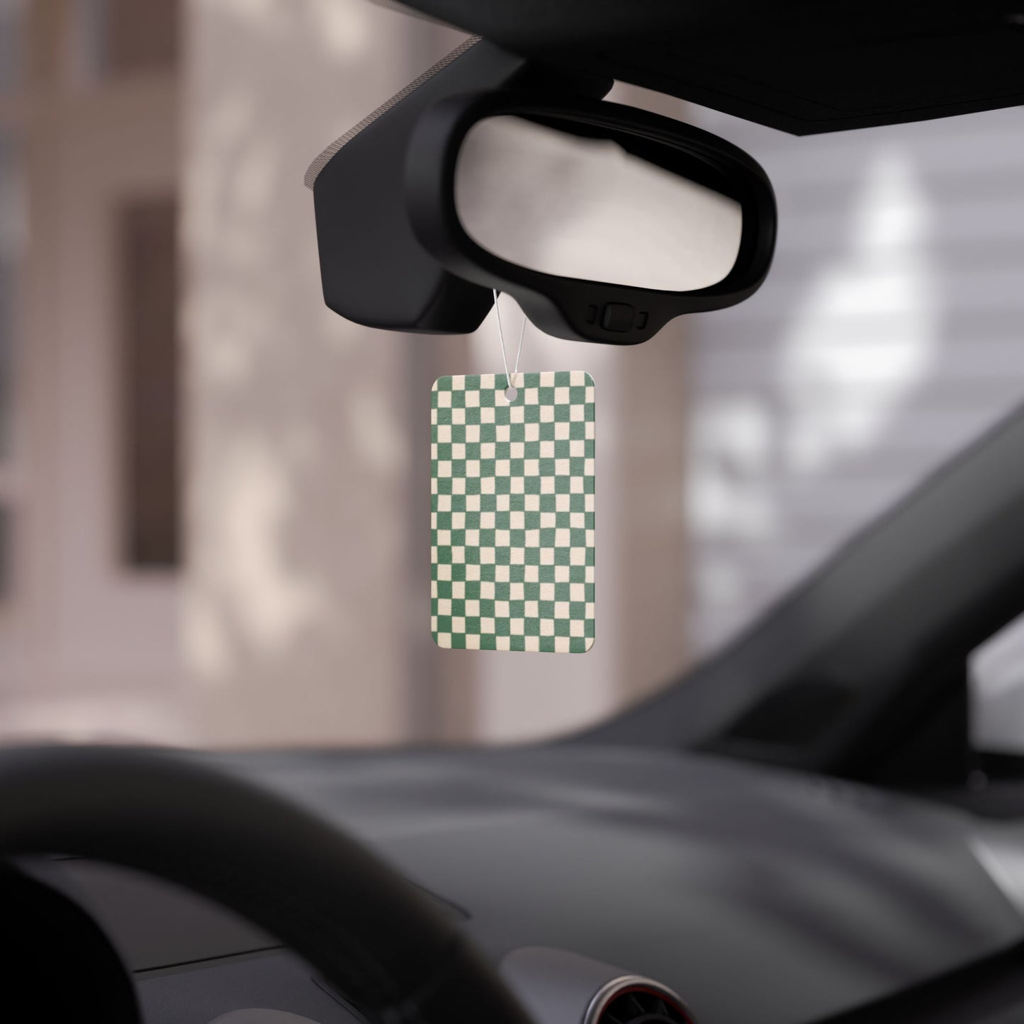 Green Checkered Car Air Freshener – Sage Aesthetic Hanging Diffuser | Pine, New Car & Black Ice Scents