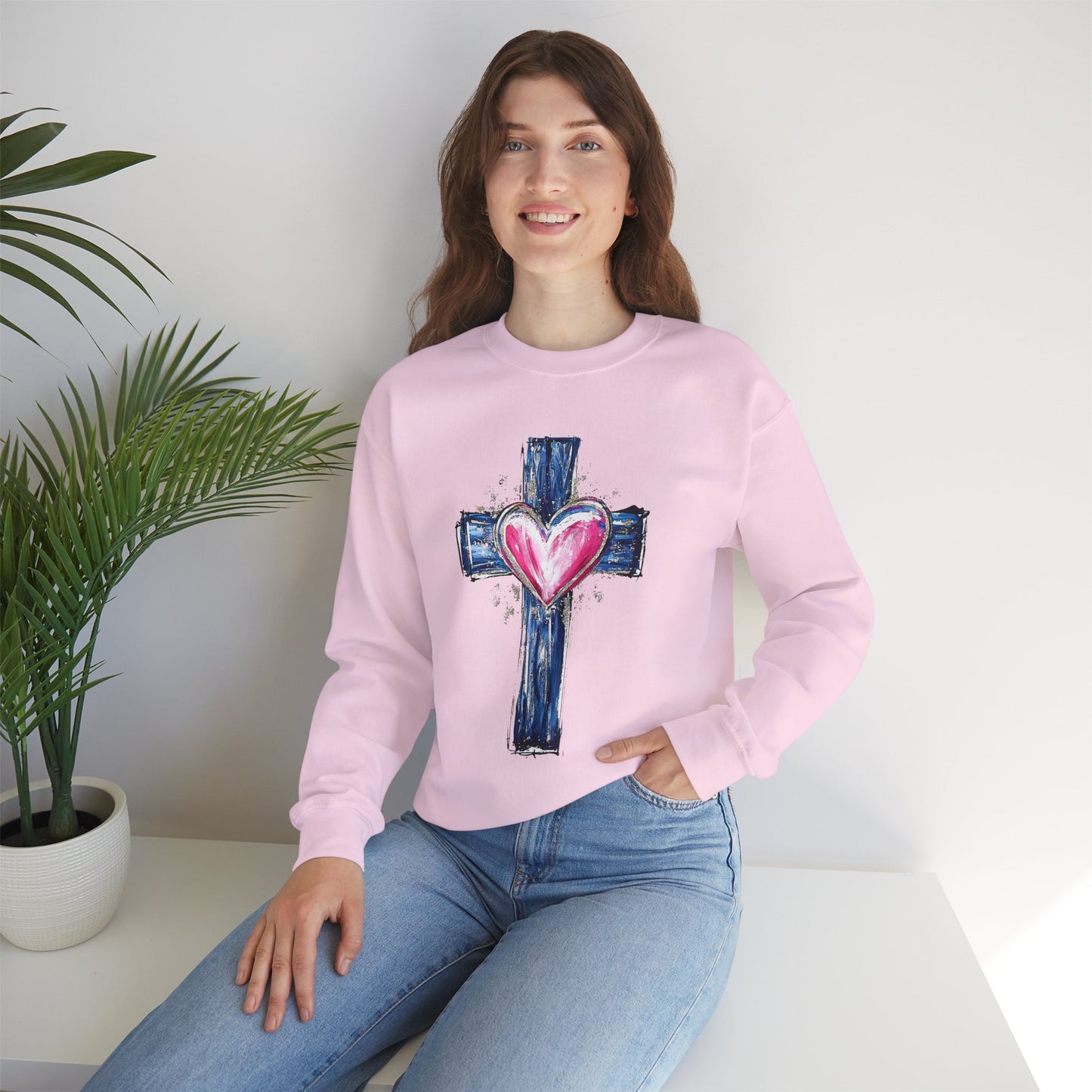 Cross with Heart Crewneck Sweatshirt | Love-Centered Faith Pullover | Inclusive Christian Apparel | Cozy Spiritual Sweatshirt