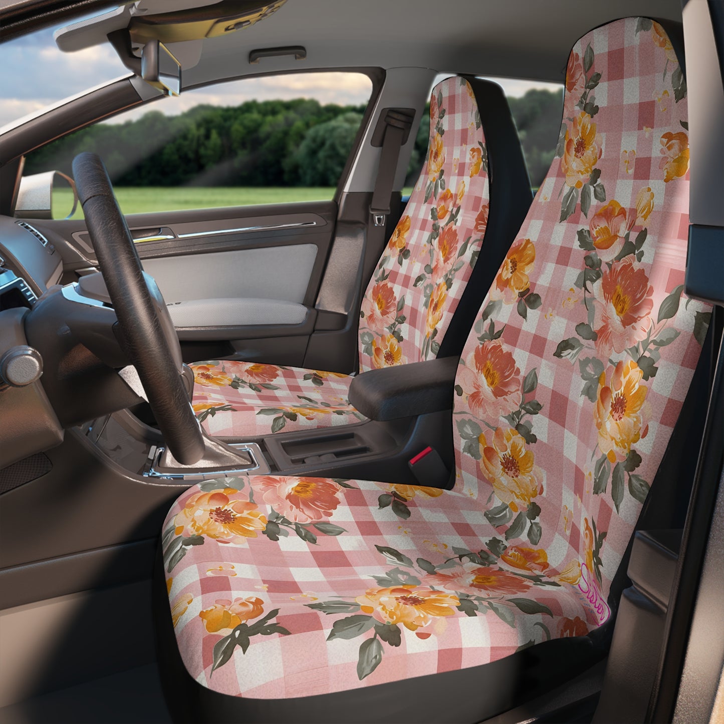 Pink Boho Floral Car Seat Covers – Retro Aesthetic Auto Decor | Polyamory & ENM Friendly