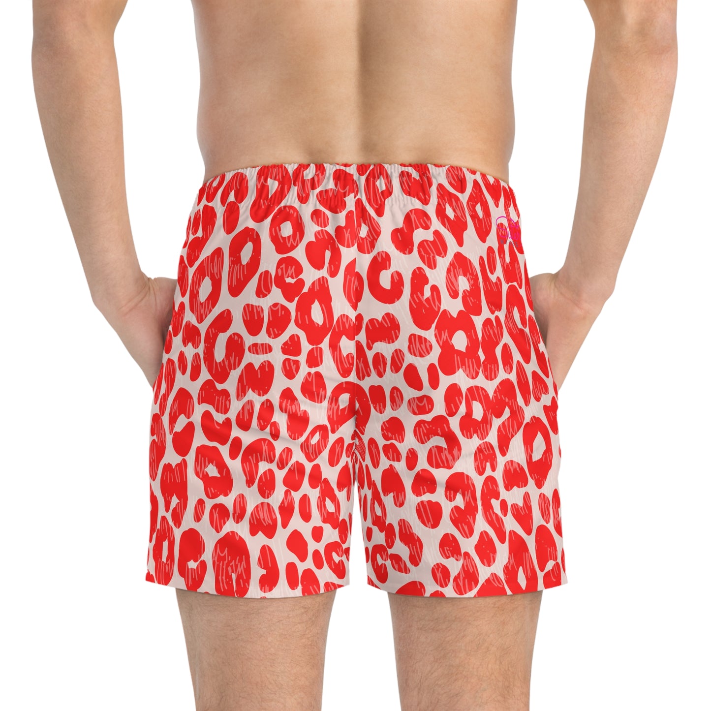 Men’s Valentine’s Leopard Heart Swim Trunks – Red Animal Print Board Shorts, Polyamory & ENM Friendly Swimwear, Fast-Dry Summer Shorts
