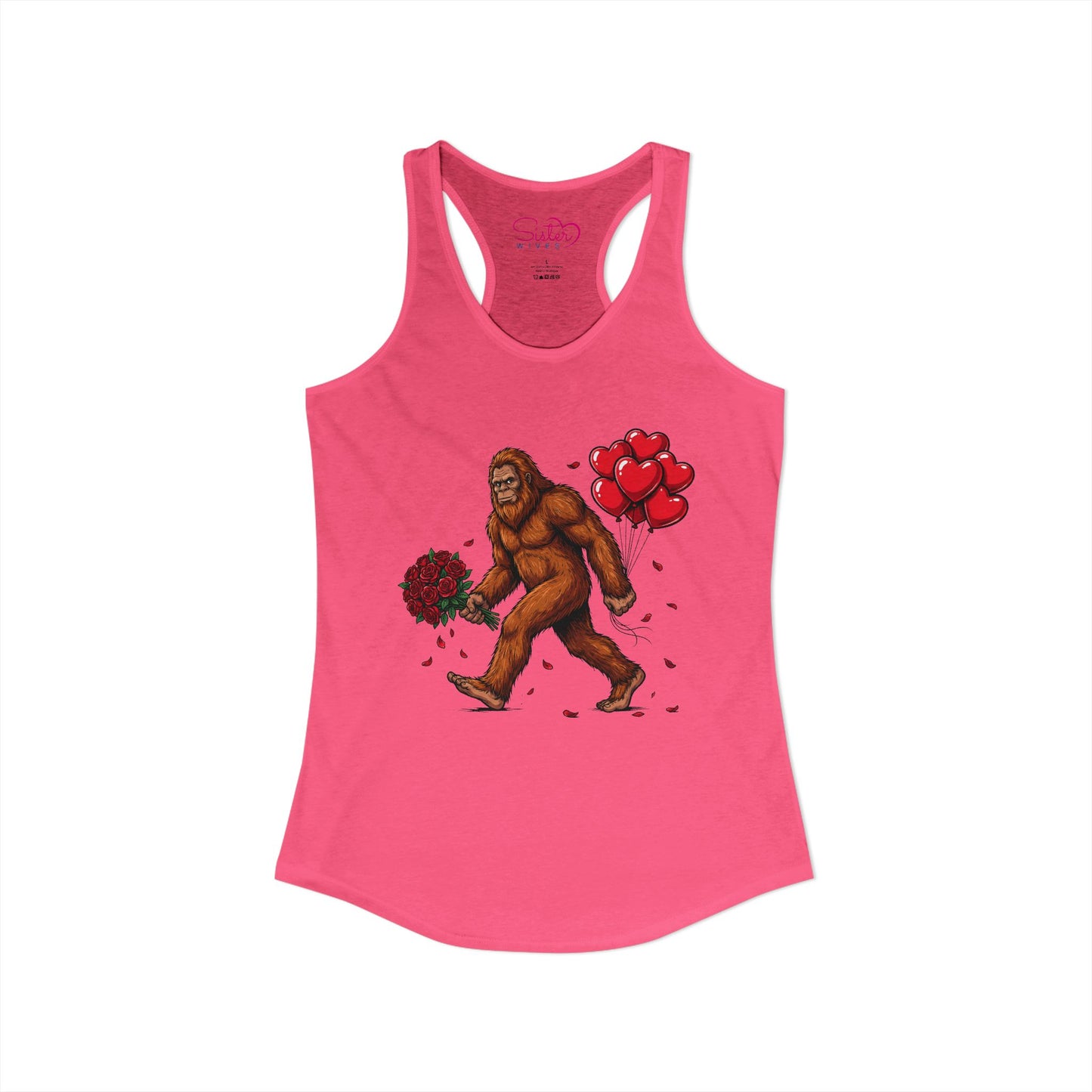 Bigfoot Valentine Racerback Tank – Sasquatch Holding Flowers Shirt | Cryptid Romance Humor | Poly & ENM Friendly Apparel