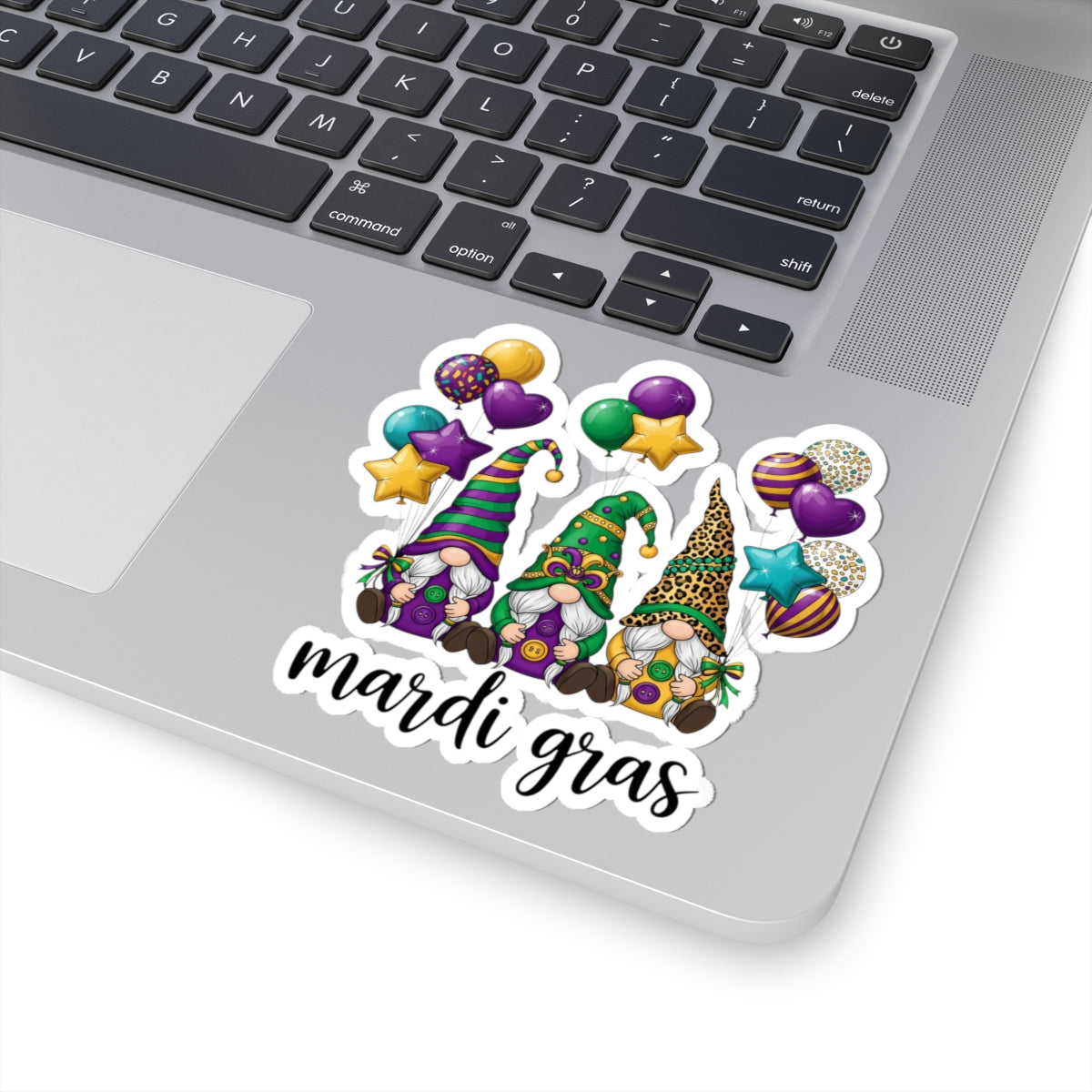 Mardi Gras Throuple Gnomes Kiss-Cut Sticker | Polyamory ENM Pride Vinyl Decal | Chosen Family Gnome Sticker | Mardi Gras Laptop Sticker