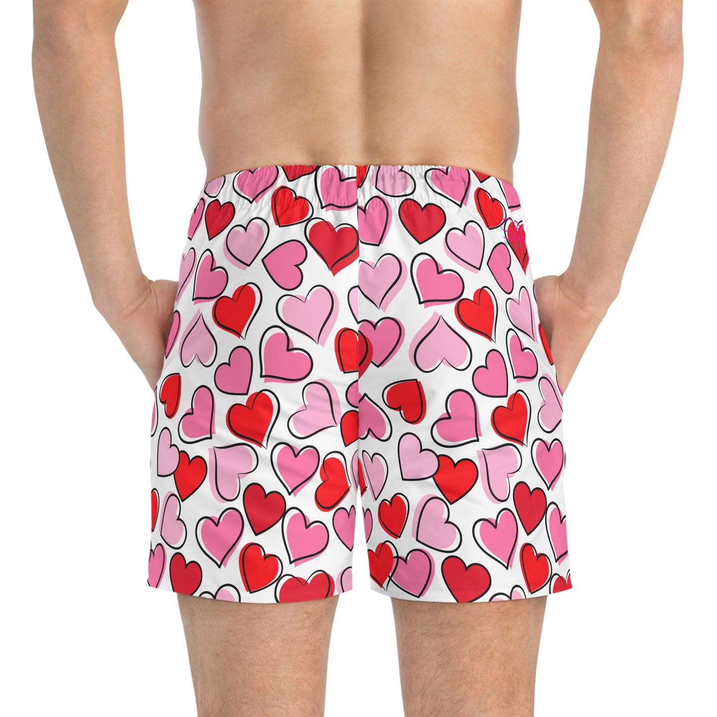 White Men’s Valentine’s Heart Swim Trunks – Red Heart Print Board Shorts, Polyamory & ENM Friendly Swimwear, Fast-Dry Summer Shorts