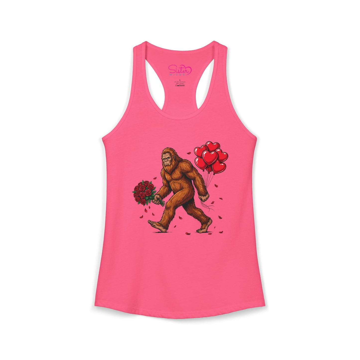Bigfoot Valentine Racerback Tank – Sasquatch Holding Flowers Shirt | Cryptid Romance Humor | Poly & ENM Friendly Apparel