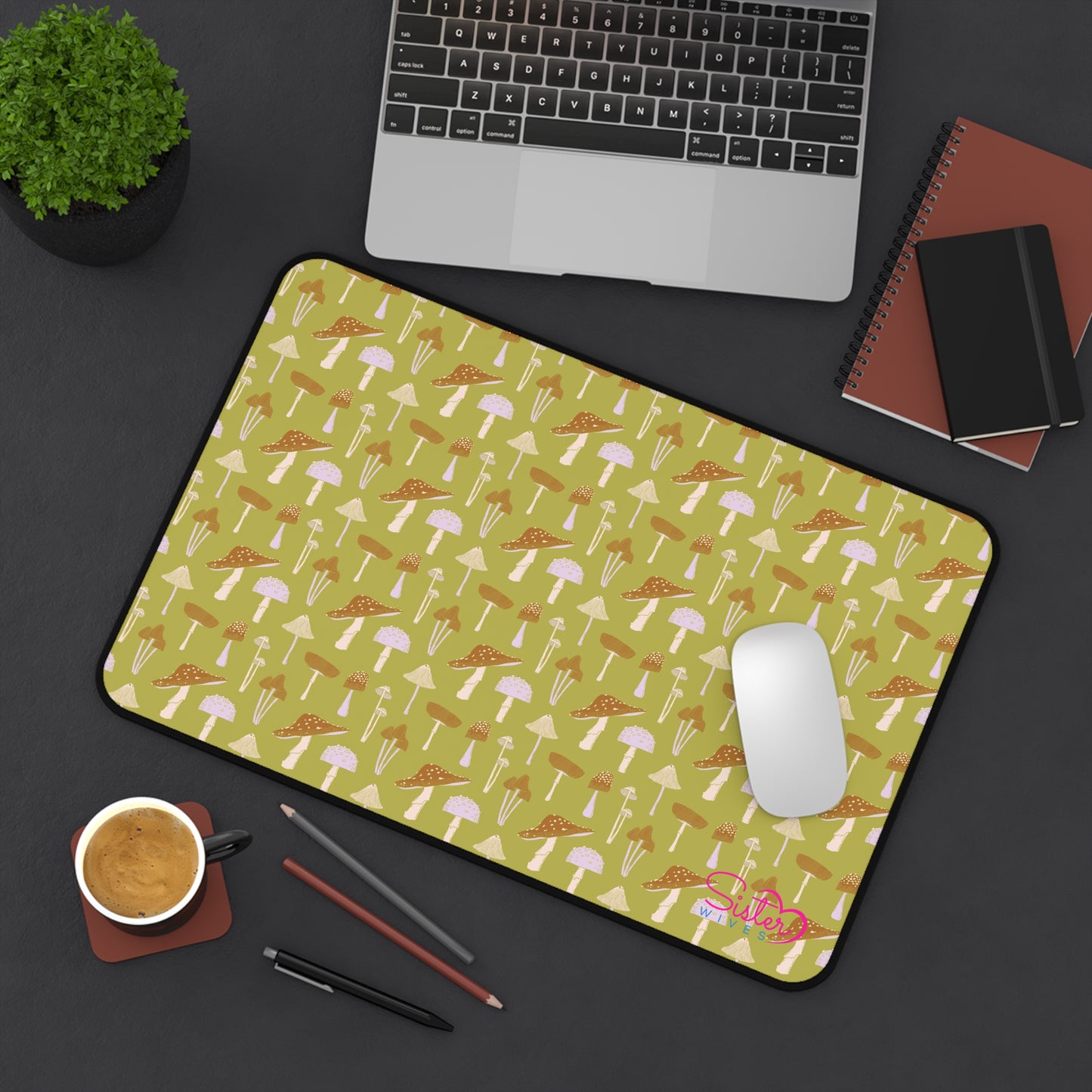 Sage Mushroom Desk Mat – Aesthetic Office Mouse Pad, Neoprene Extended Desk Mat, Polyamory Friendly Workspace Decor, Love-Positive Home Office Accessory