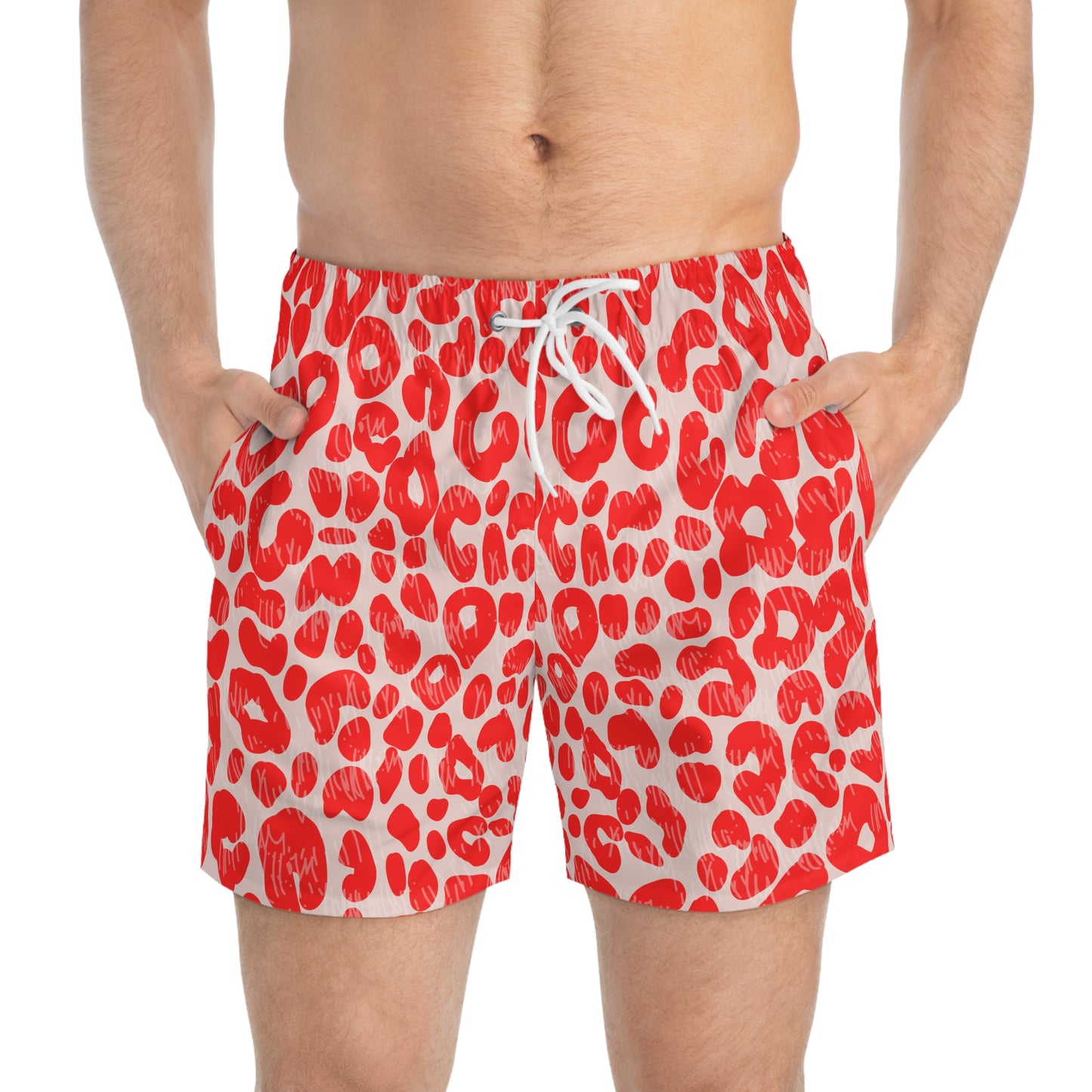 Men’s Valentine’s Leopard Heart Swim Trunks – Red Animal Print Board Shorts, Polyamory & ENM Friendly Swimwear, Fast-Dry Summer Shorts