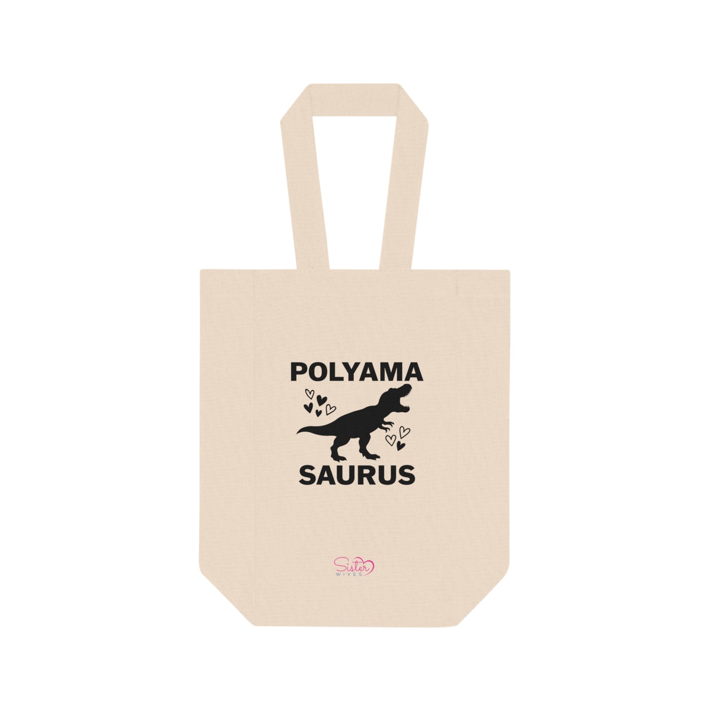 Polyamasaurus Double Wine Tote Bag – Funny Polyamory Dinosaur Wine Carrier | ENM Date Night Tote | 2 Bottle Canvas Wine Bag