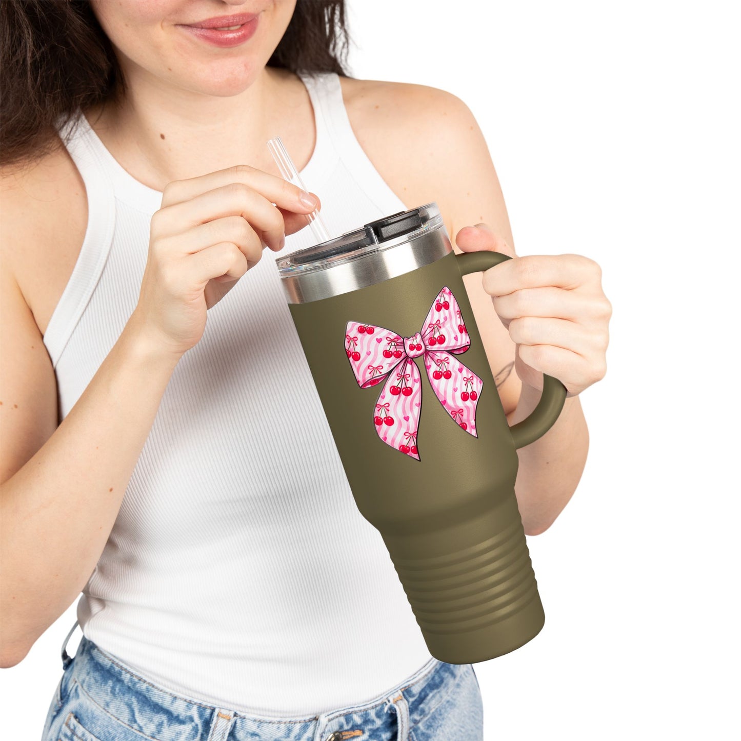 Pink Bow 40oz Insulated Travel Mug – Coquette Aesthetic Stainless Steel Tumbler with Straw | Cute Feminine BPA-Free Cup