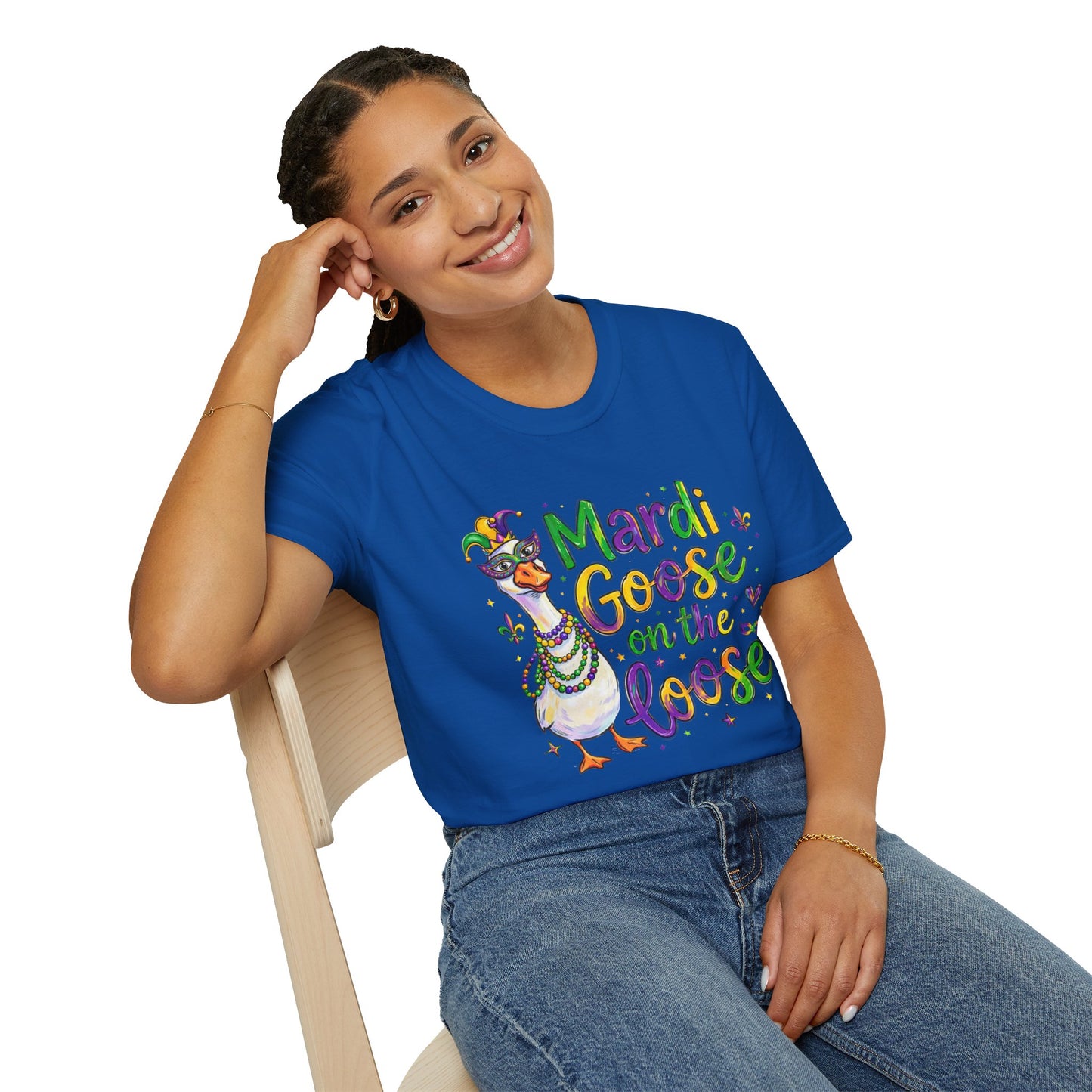 Mardi Goose on the Loose Shirt – Funny Mardi Gras Goose T-Shirt, Polyamory ENM Non-Monogamy Carnival Tee, Unisex Gildan 64000