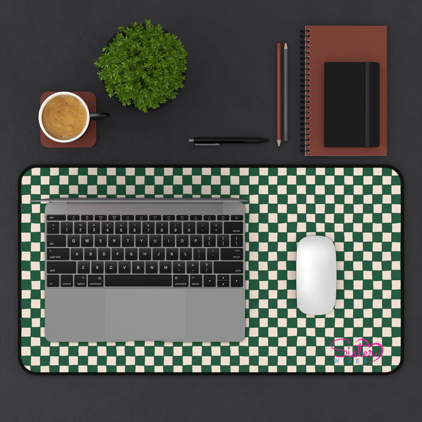 Green Checkered Desk Mat – Retro Checkerboard Mouse Pad, Neoprene Extended Desk Mat, Polyamory Friendly Office Decor, Love-Positive Workspace Accessory