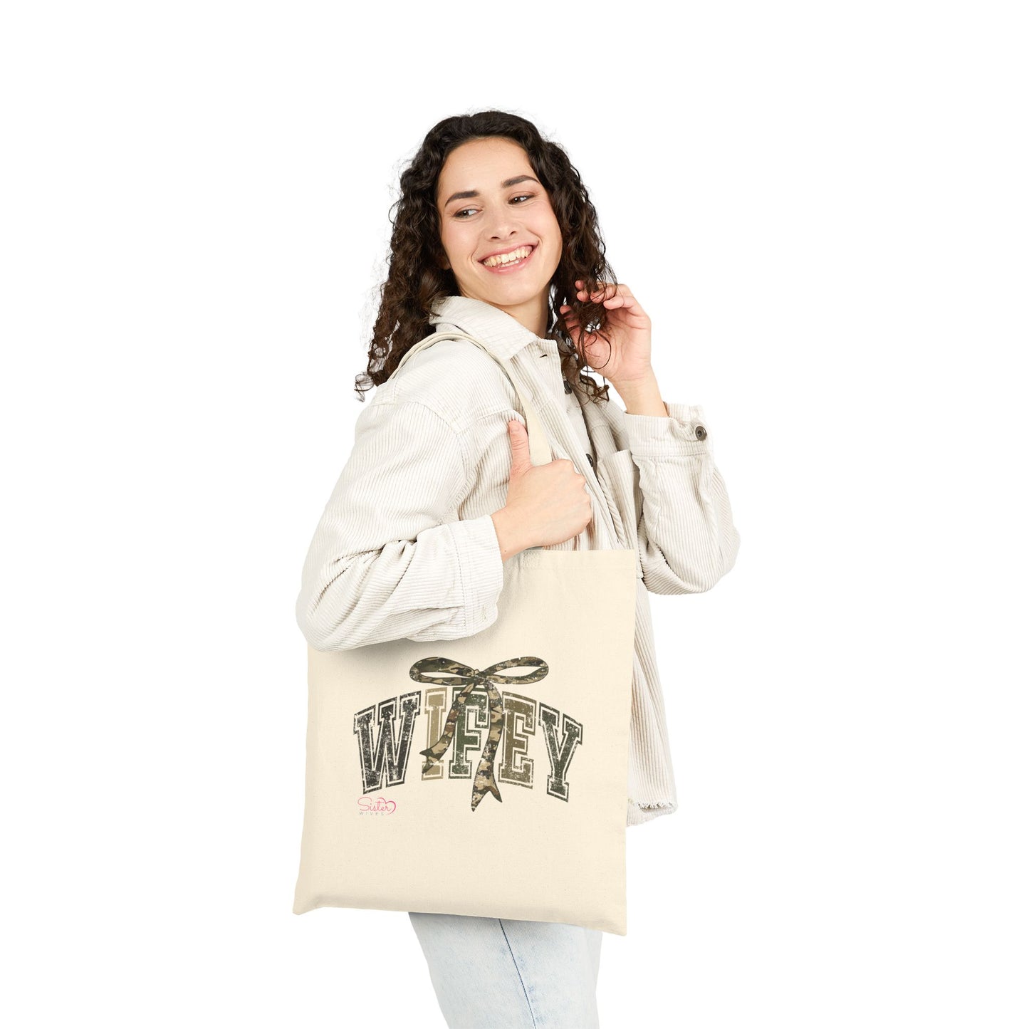 Wifey Canvas Tote Bag – Minimalist Bow Typography Tote | Everyday Carry, Gift for Spouses, Cute Neutral Aesthetic Bag