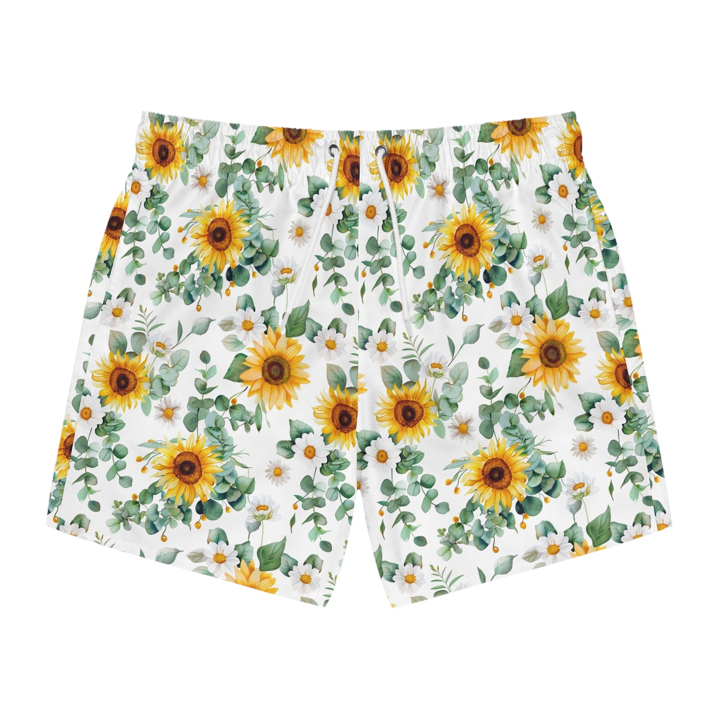Men’s Sunflower & Daisy Swim Trunks – Bright Floral Summer Swim Shorts, ENM Polyamory Friendly Beach Board Shorts, Fast-Dry