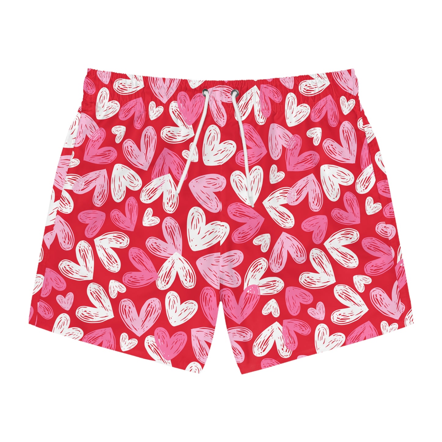 Red Men’s Valentine’s Heart Swim Trunks – Red Heart Print Board Shorts, Polyamory & ENM Friendly Swimwear, Fast-Dry Summer Shorts