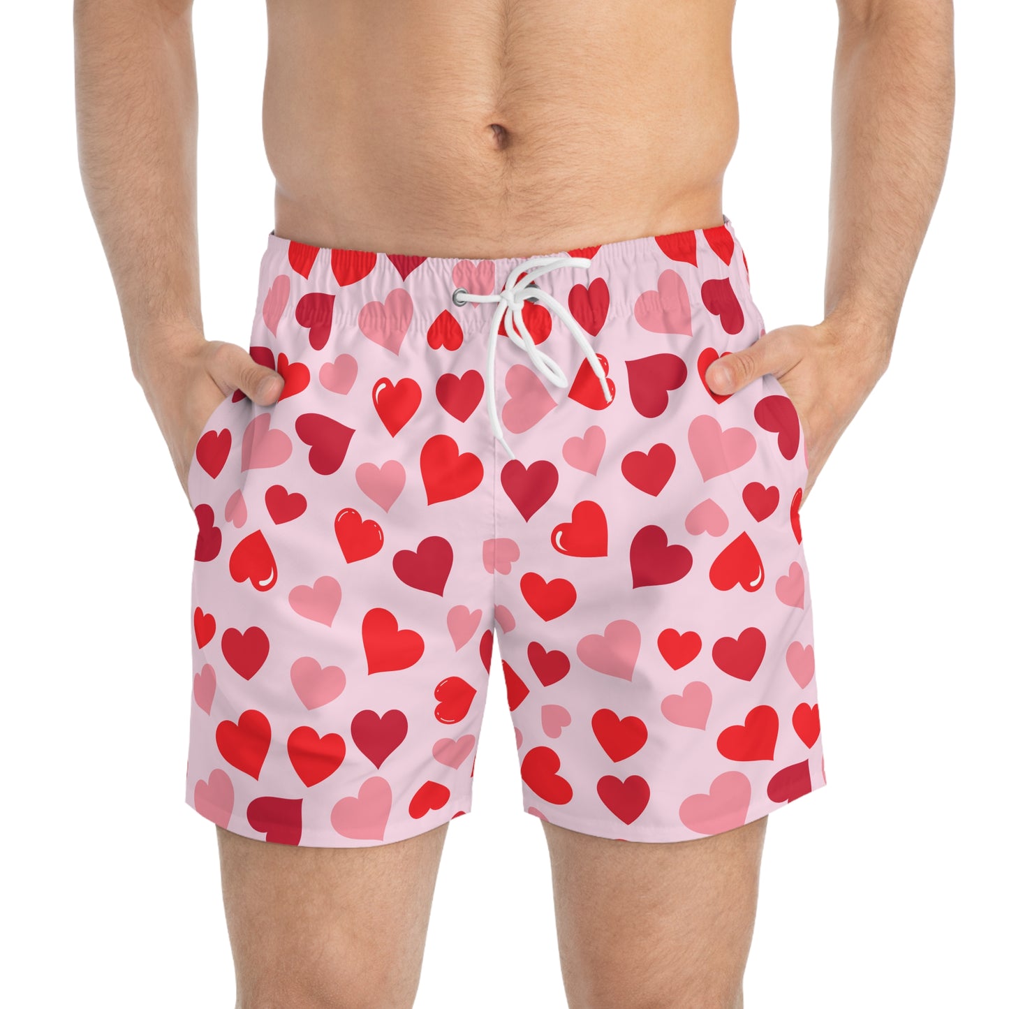 Pink Men’s Valentine’s Heart Swim Trunks – Red Heart Print Board Shorts, Polyamory & ENM Friendly Swimwear, Fast-Dry Summer Shorts