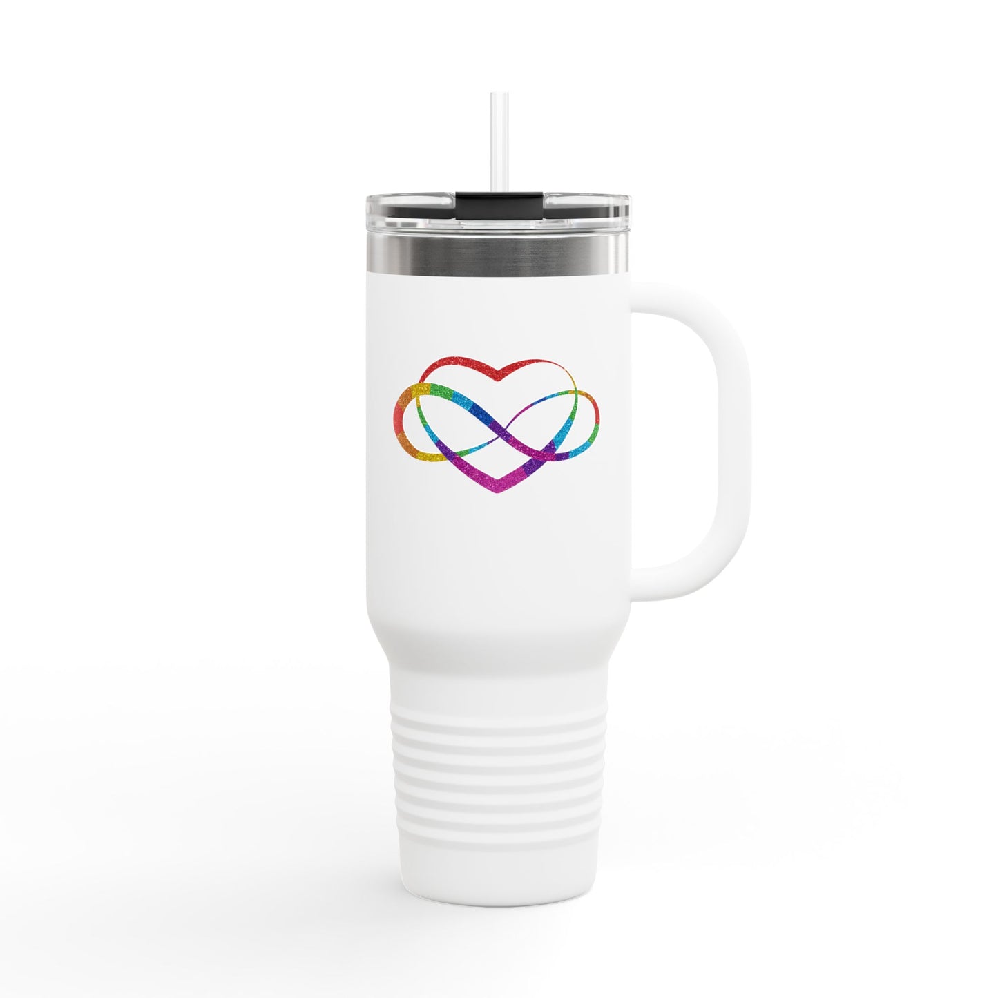 40oz Insulated Travel Mug – Rainbow Heart Infinity Logo, Double-Wall Stainless Tumbler