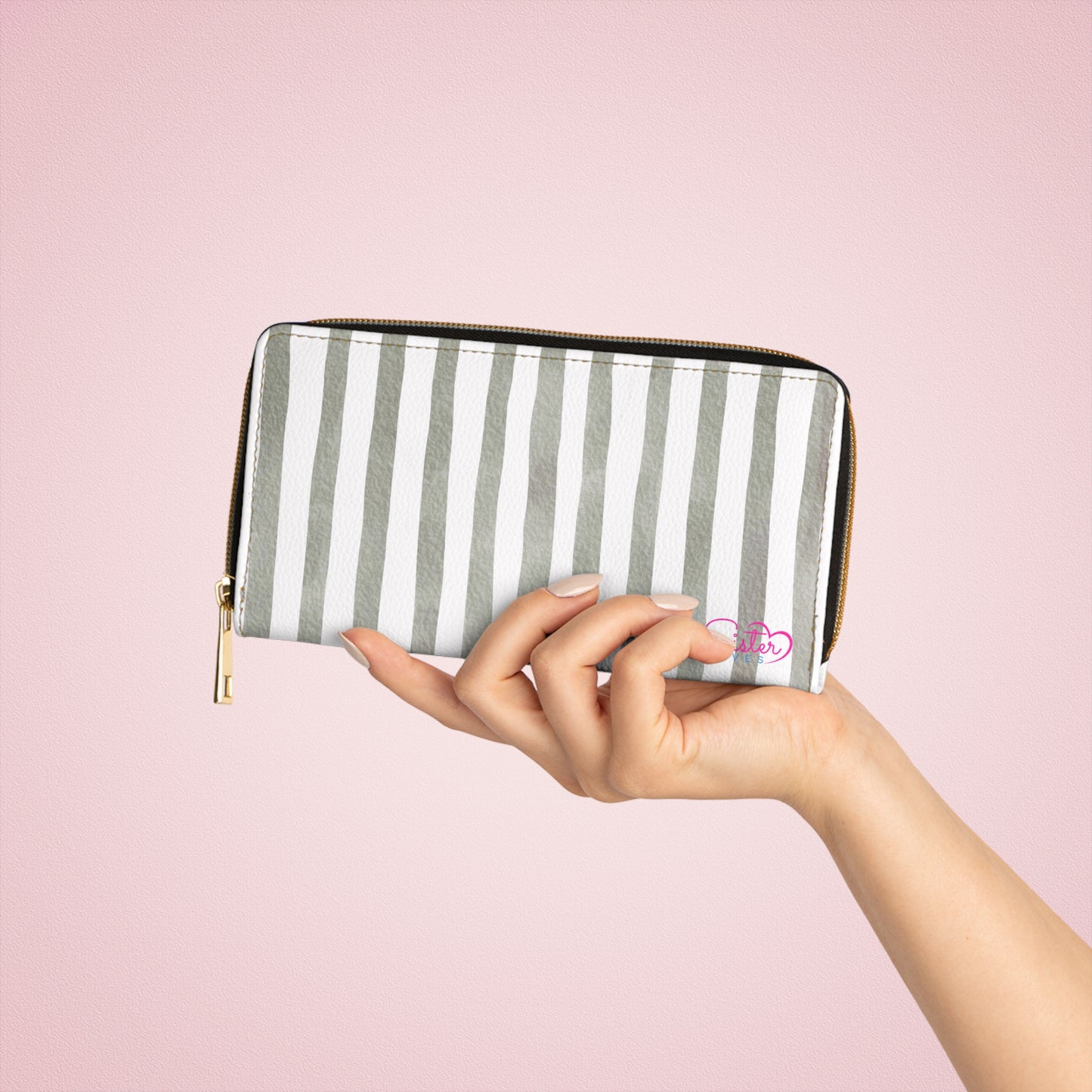 Stripe Zip Up Wallet – Polyamory Sisterwives ENM Friendly Wallet | Swinger Lifestyle Accessory | Minimalist Blush Stripe Zipper Wallet