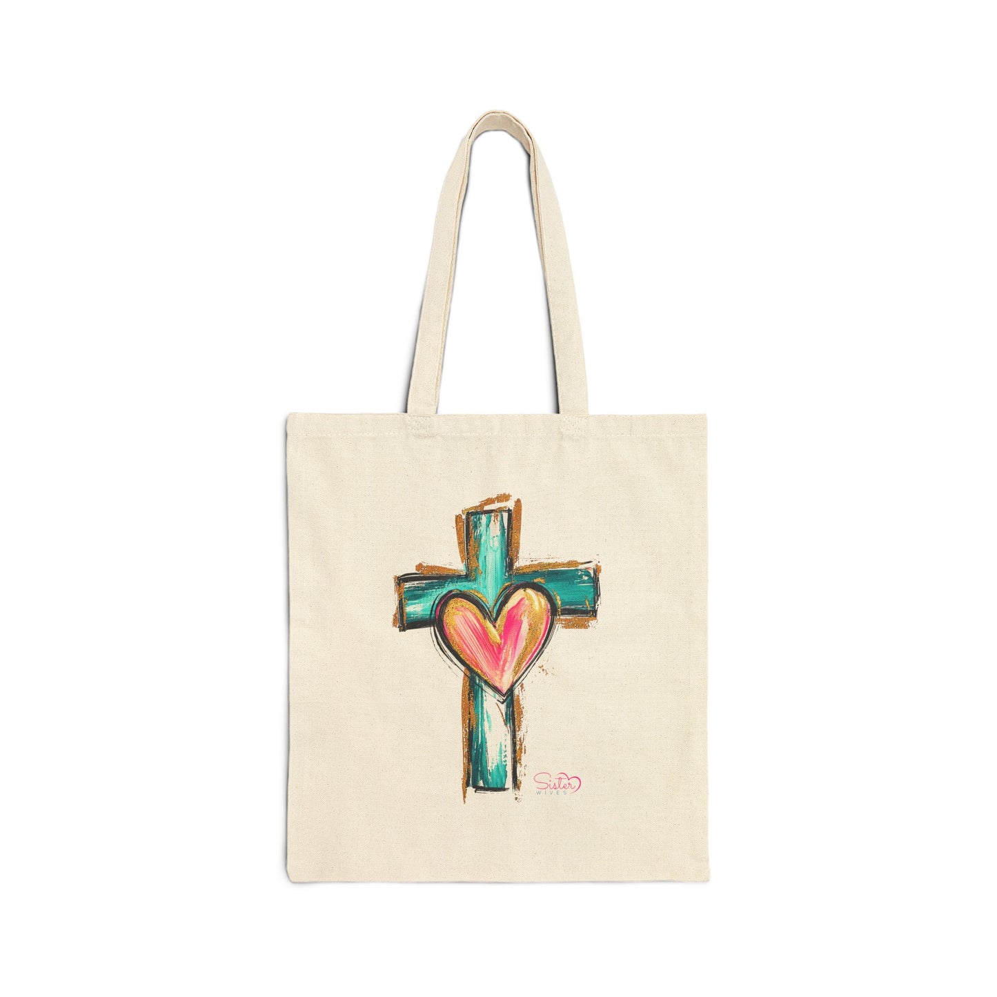 Colorful Sacred Heart Cross Canvas Tote Bag – Folk Art Faith & Love Tote | Hand-Drawn Christian Cross | Inclusive, Chosen Family Friendly Gift