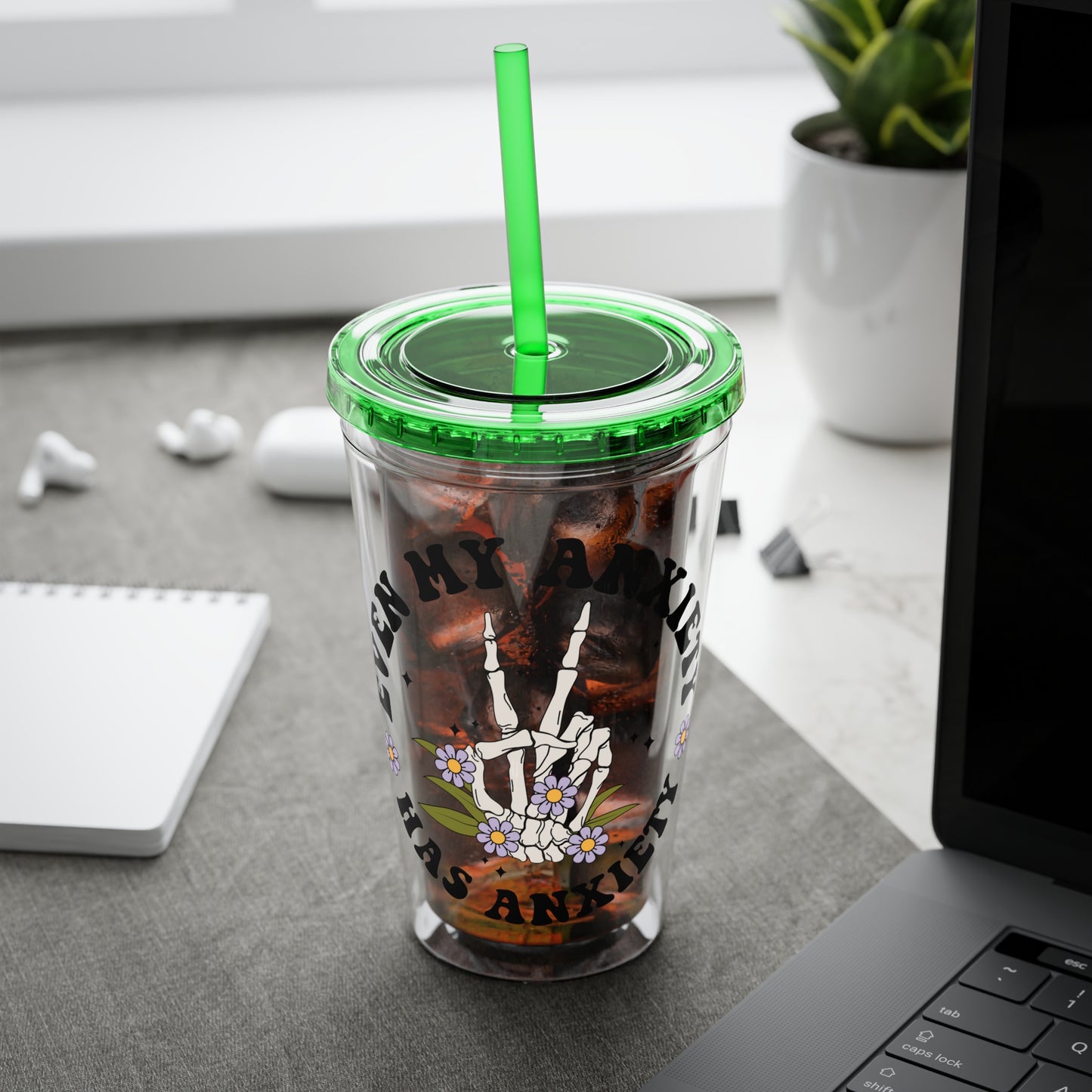 Even My Anxiety Has Anxiety” Skeleton Peace Sign 16oz Sunsplash Tumbler | Dark Humor Mental Health Cup | Goth Aesthetic Drinkware | Spooky Skeleton Cup | Anxiety Humor Gift