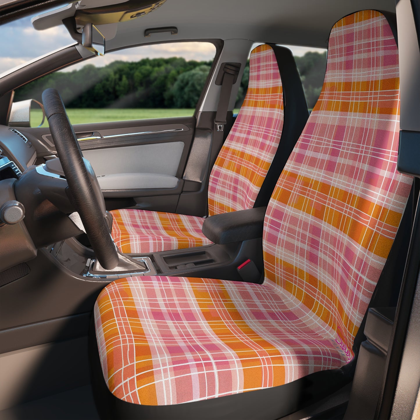 Pink & Orange Plaid Car Seat Covers – Retro Gingham Boho Auto Decor | Polyamory & ENM Friendly