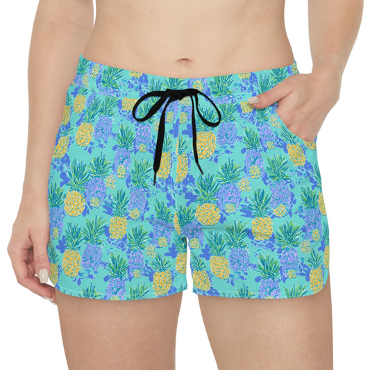 Blue Costal Pineapple Sisterwives Floral Women's Casual Shorts, Summer Beachwear, Vacation Shorts, Cute Lounge Shorts, Pineapple Print Shorts
