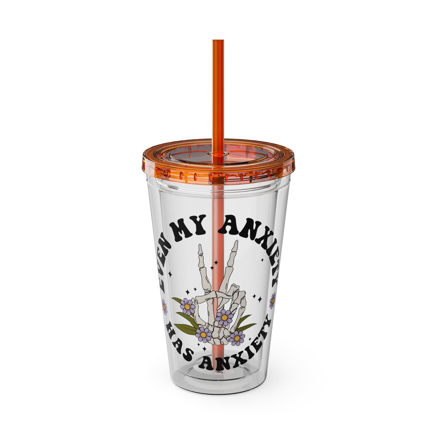 Even My Anxiety Has Anxiety” Skeleton Peace Sign 16oz Sunsplash Tumbler | Dark Humor Mental Health Cup | Goth Aesthetic Drinkware | Spooky Skeleton Cup | Anxiety Humor Gift