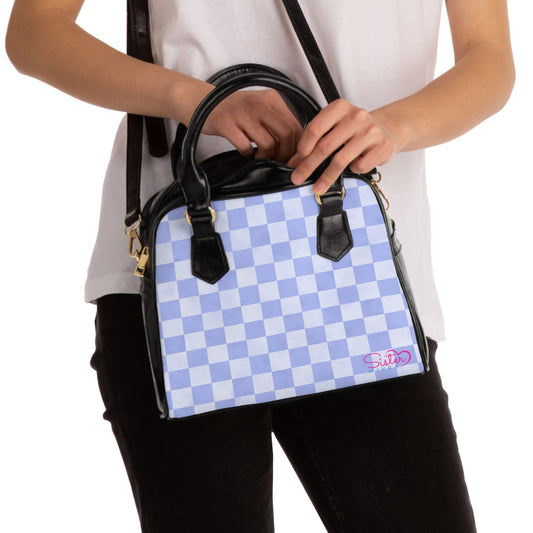 Blue Checkered Shoulder Handbag – Pastel Checkerboard PU Leather Purse, Polyamory & ENM Friendly Fashion Bag, Love-Positive Gift