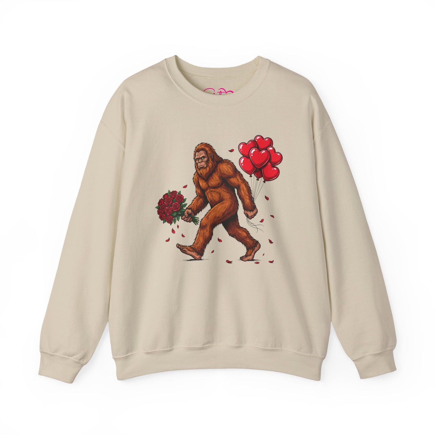 Bigfoot with Flowers Crewneck Sweatshirt | Sasquatch Valentine Pullover | Whimsical Cryptid Love Sweatshirt | Cozy Forest Aesthetic Apparel