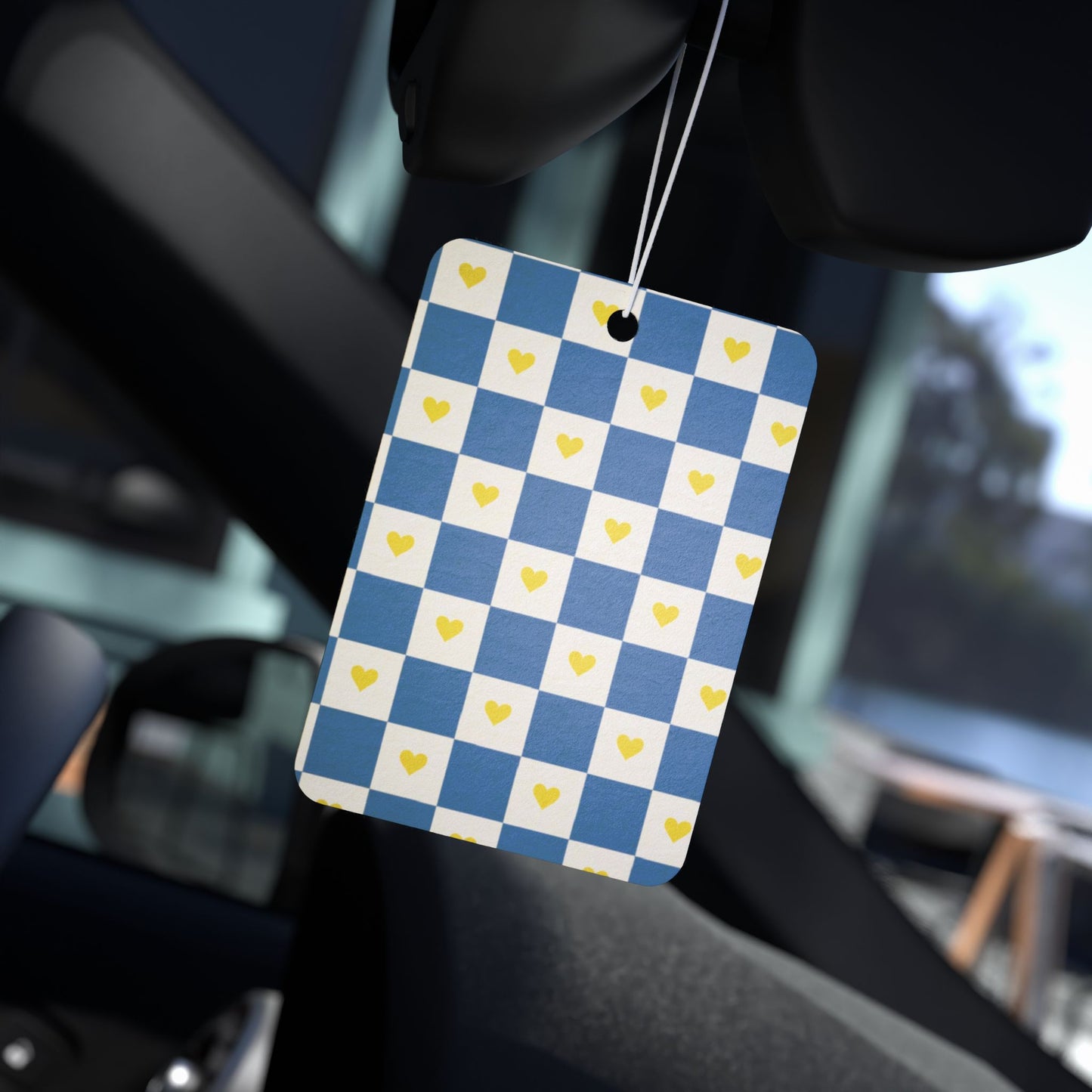 Blue Checkered Heart Car Air Freshener – Cute Preppy Aesthetic Hanging Diffuser | Pine, New Car & Black Ice Scents