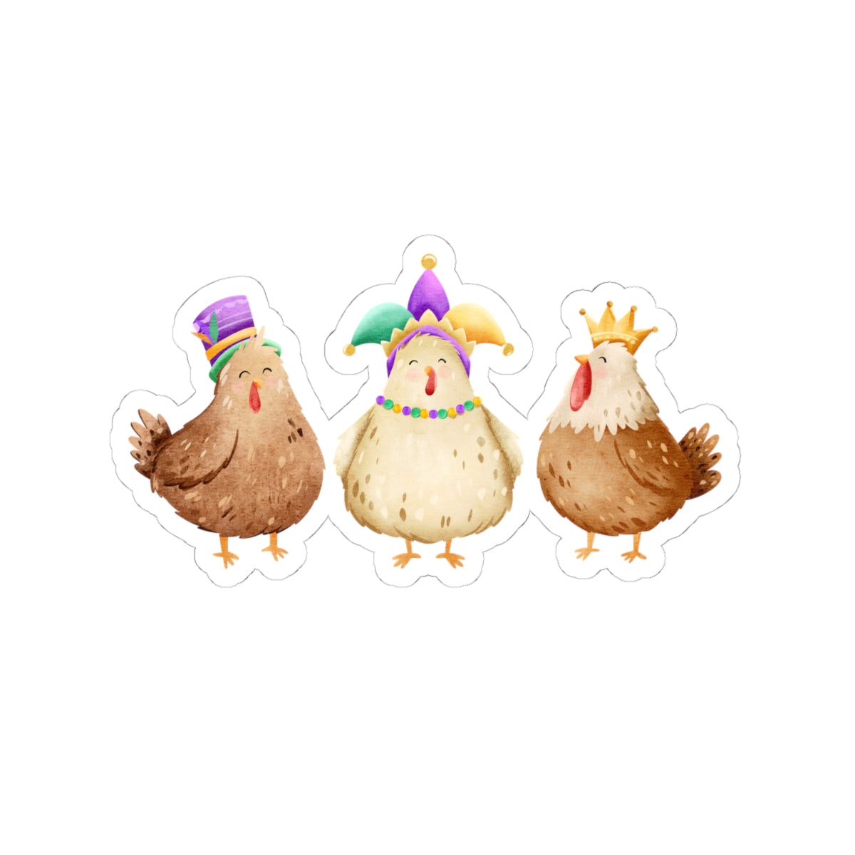 Throuple Mardi Gras Chickens Kiss‑Cut Sticker | Polyamory ENM Pride Decal | Chosen Family Laptop Sticker