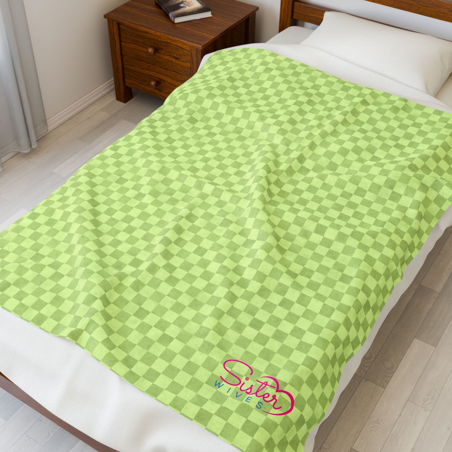 Light Green Checker Plush Blanket | Cozy Velveteen Throw | Polyamory & ENM Friendly Home Decor | Chosen Family Aesthetic Blanket