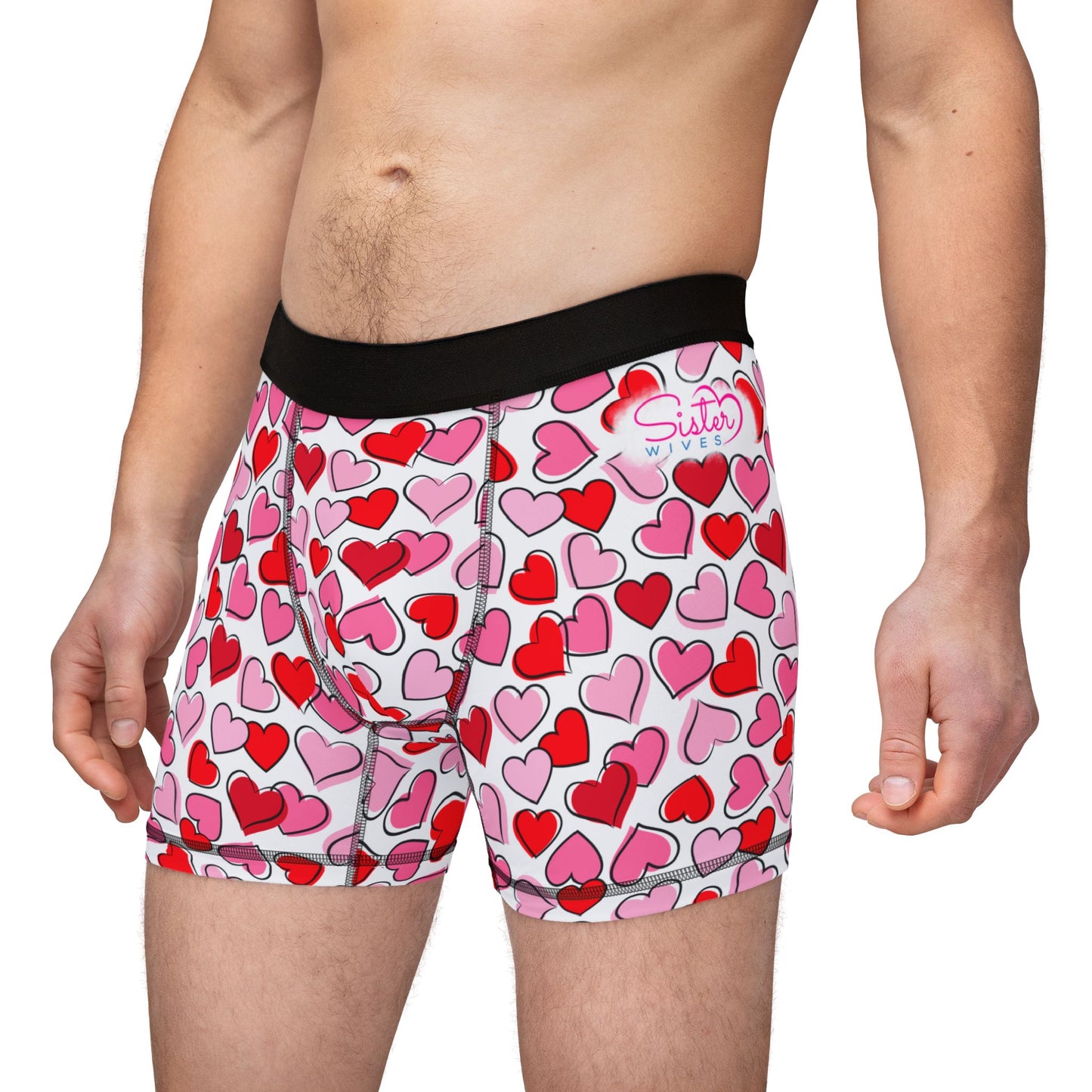 White Men’s Heart Print Boxer Briefs – Polyamory & Swinger Friendly Underwear, ENM Pride Boxers, Matching Couples & Pairs Available