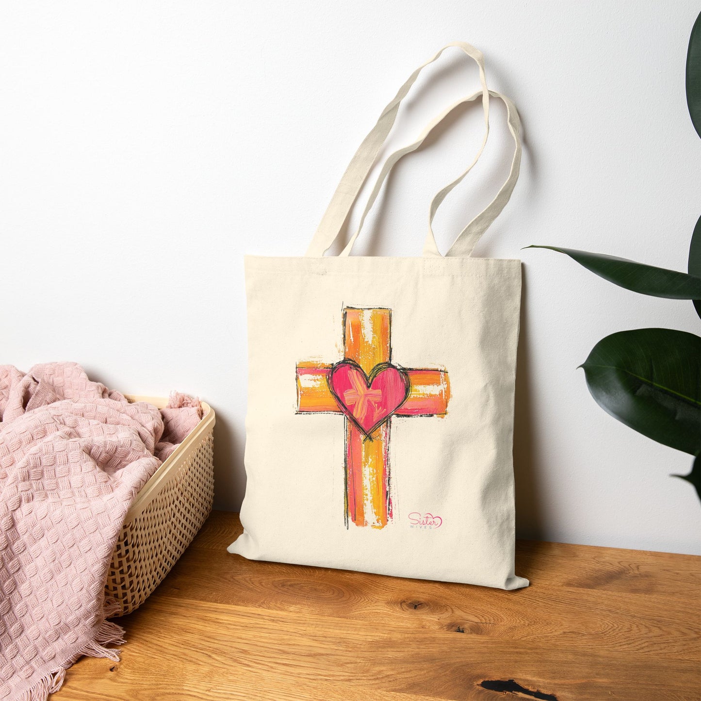 Sacred Heart Cross Canvas Tote Bag – Faith & Love Christian Tote | Hand-Drawn Folk Art Cross | Gift of Love, Chosen Family Friendly