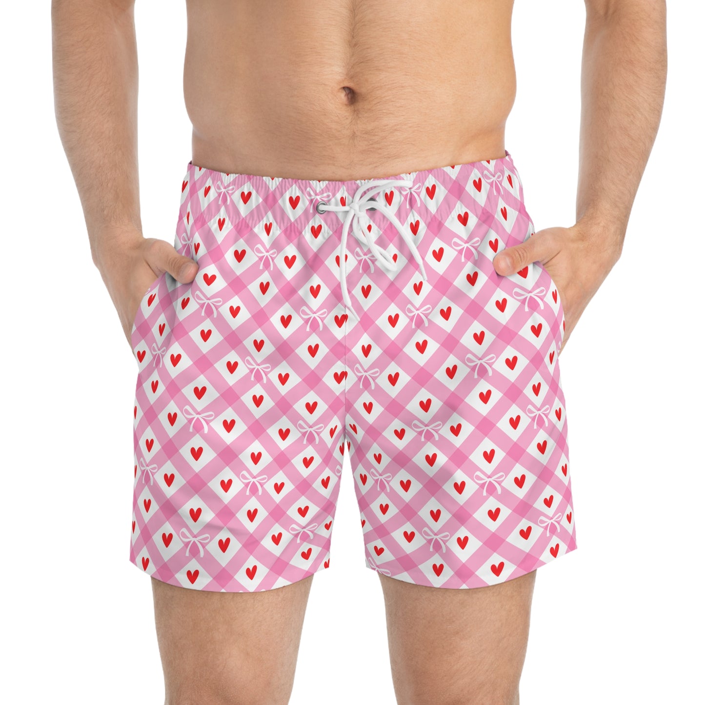 Men’s Valentine’s Geometric Heart Swim Trunks – Pink Heart Pattern Board Shorts, Polyamory & ENM Friendly Swimwear, Fast-Dry Summer Shorts