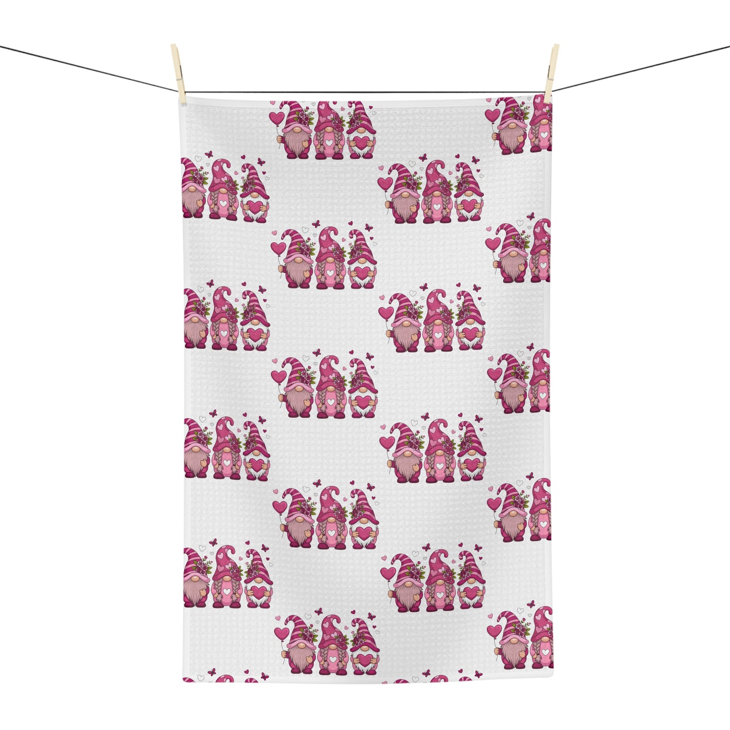 Pink Gnome Throuple Tea Towel | Polyamory Chosen Family Kitchen Towel | Cute Valentine Gnome Microfiber Dish Towel