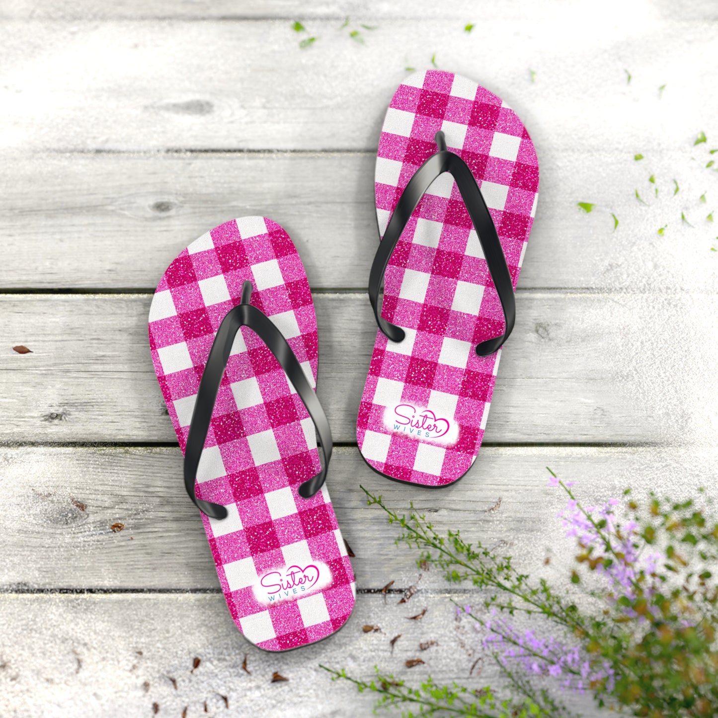 Pink Gingham Flip Flops for Women | Ethical Non Monogamy & Poly Lifestyle Sandals
