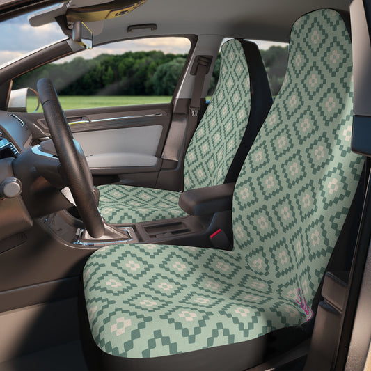 Geometric Blue Car Seat Covers | Boho Southwest Auto Decor | Muted Blue Neutral Seat Covers | Polyamory & ENM Friendly