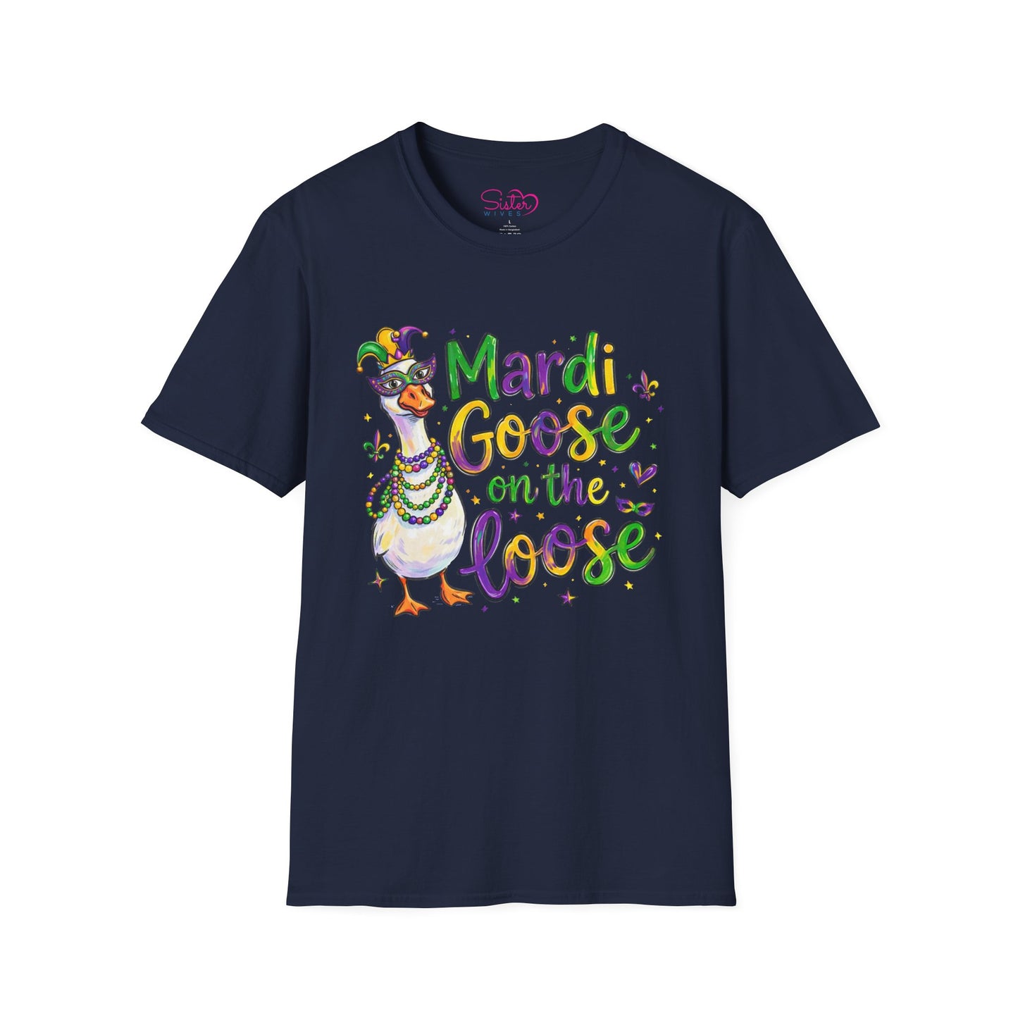 Mardi Goose on the Loose Shirt – Funny Mardi Gras Goose T-Shirt, Polyamory ENM Non-Monogamy Carnival Tee, Unisex Gildan 64000