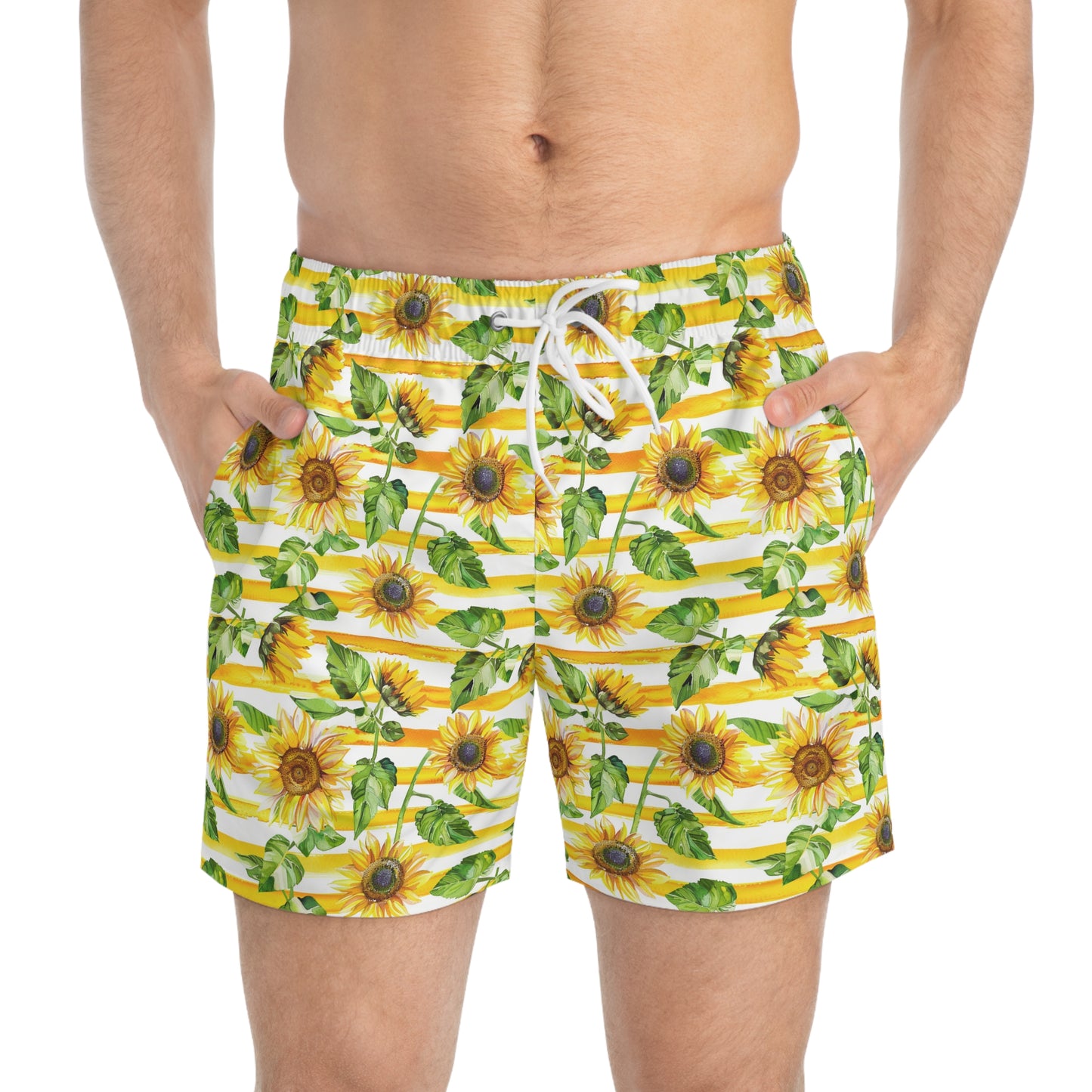 Men’s Sunflower & Daisy Swim Trunks – Bright Floral Summer Swim Shorts, ENM Polyamory Friendly Beach Board Shorts, Fast-Dry