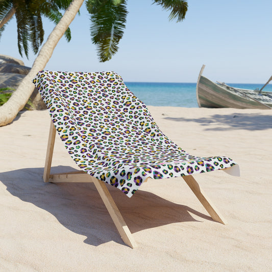 Mardi Gras Cheetah Print Beach Towel | Polyamory ENM Friendly | Matching Couple & Throuple Towel | Festival Cruise Pool & Resort Towel