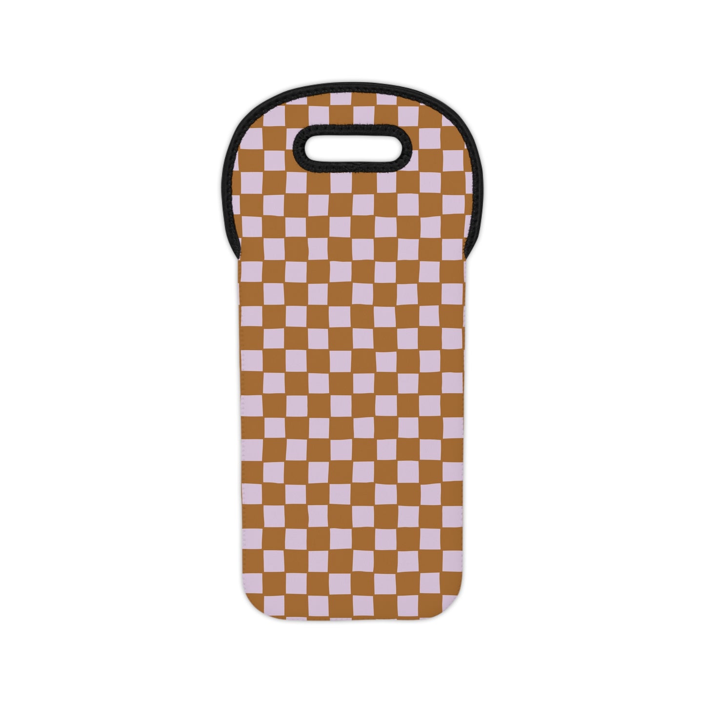Brown Checkered Wine Tote Bag – Reusable Neoprene Wine Bottle Carrier with Handle