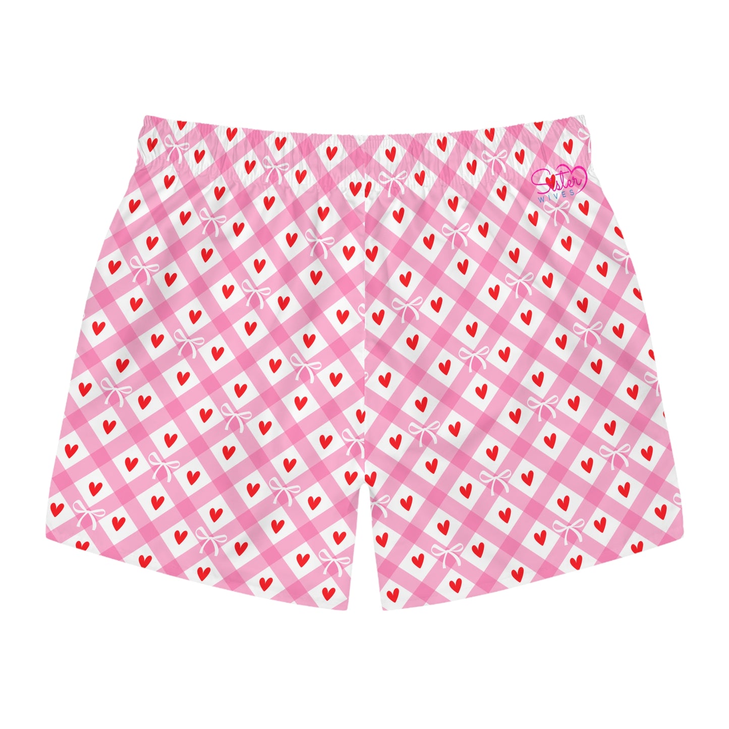 Men’s Valentine’s Geometric Heart Swim Trunks – Pink Heart Pattern Board Shorts, Polyamory & ENM Friendly Swimwear, Fast-Dry Summer Shorts