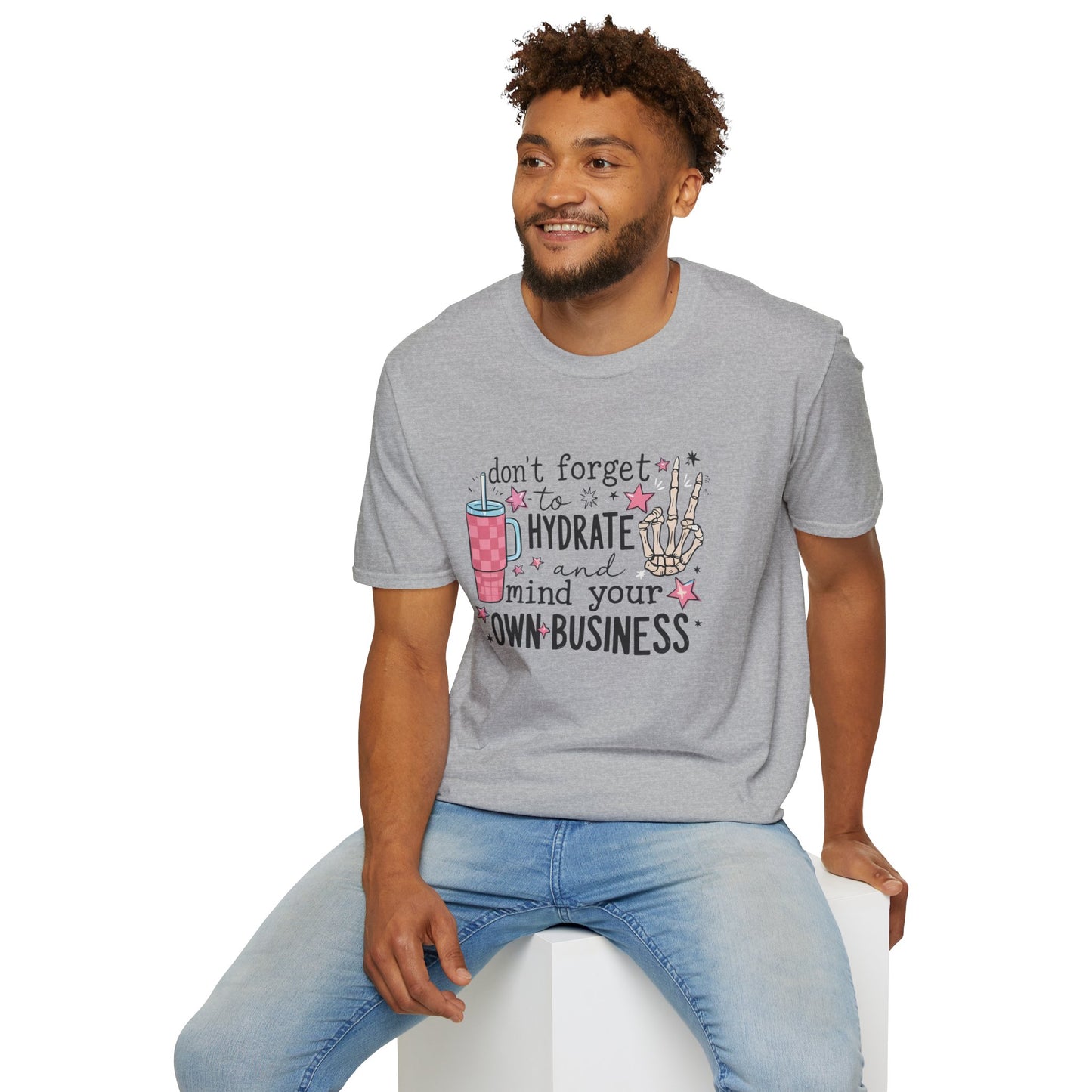 Hydrate and Mind Your Own Business Shirt Funny Self Care Tee, Sassy Wellness Graphic Shirt, Poly-Friendly ENM Unisex Gildan 64000