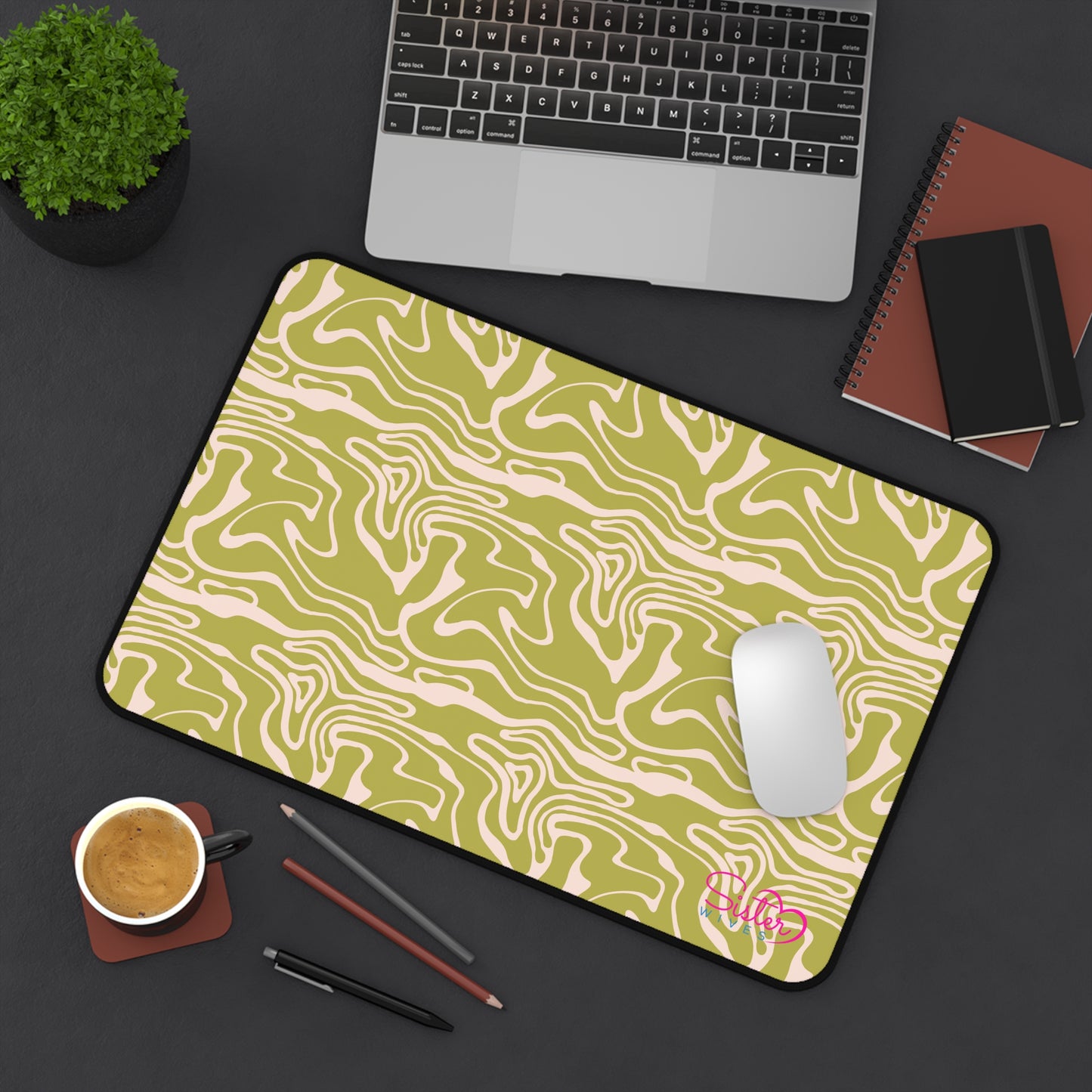 Olive Swirl Desk Mat – Retro Abstract Mouse Pad, Neoprene Extended Desk Mat, Polyamory Friendly Office Decor, Love-Positive Workspace Accessory