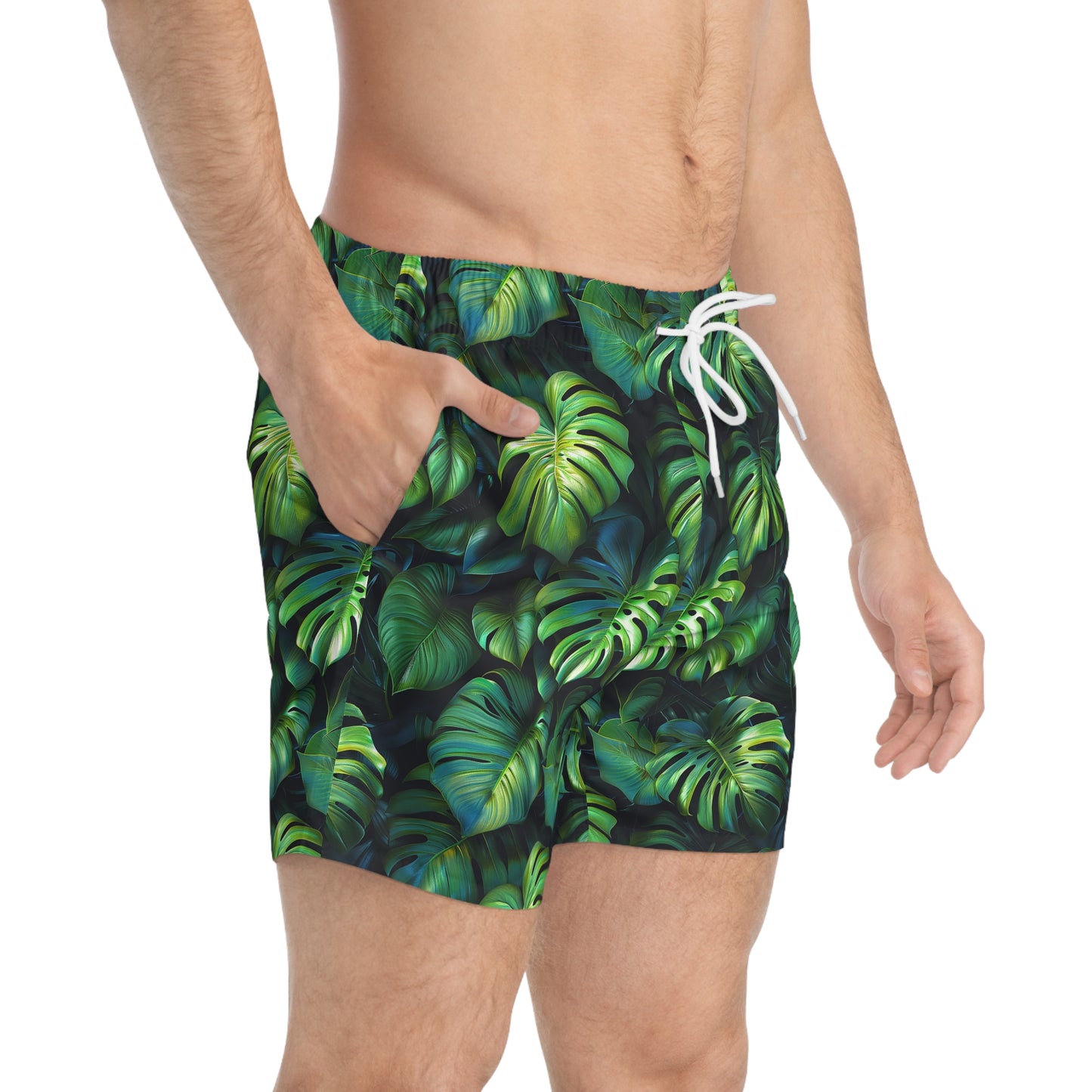 Green Tropical Leaf Swim Trunks for Men – Jungle Fast-Dry Board Shorts with Drawstring | XS–3XL Summer Swimwear