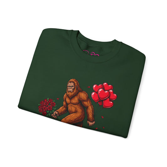 Bigfoot with Flowers Crewneck Sweatshirt | Sasquatch Valentine Pullover | Whimsical Cryptid Love Sweatshirt | Cozy Forest Aesthetic Apparel