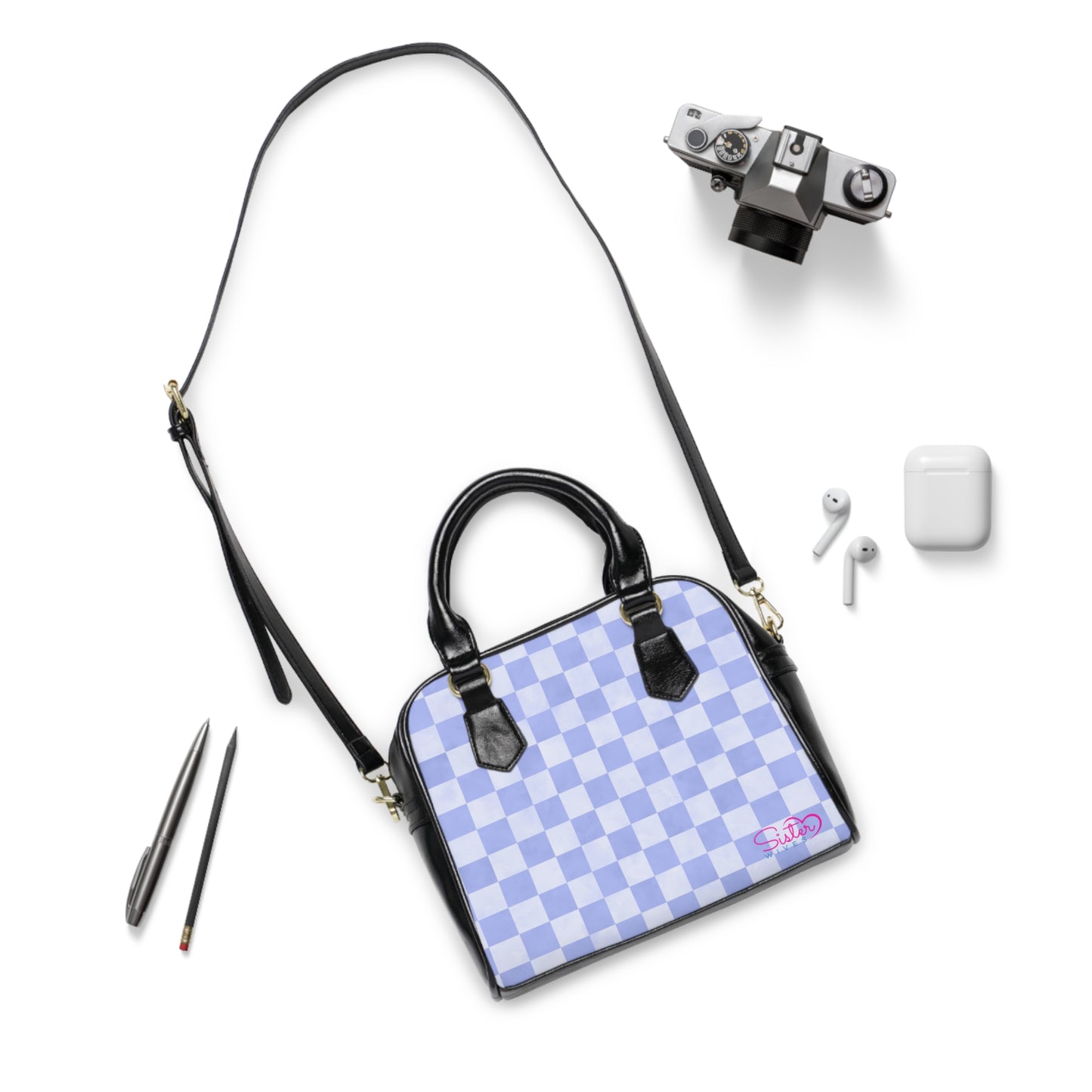 Blue Checkered Shoulder Handbag – Pastel Checkerboard PU Leather Purse, Polyamory & ENM Friendly Fashion Bag, Love-Positive Gift