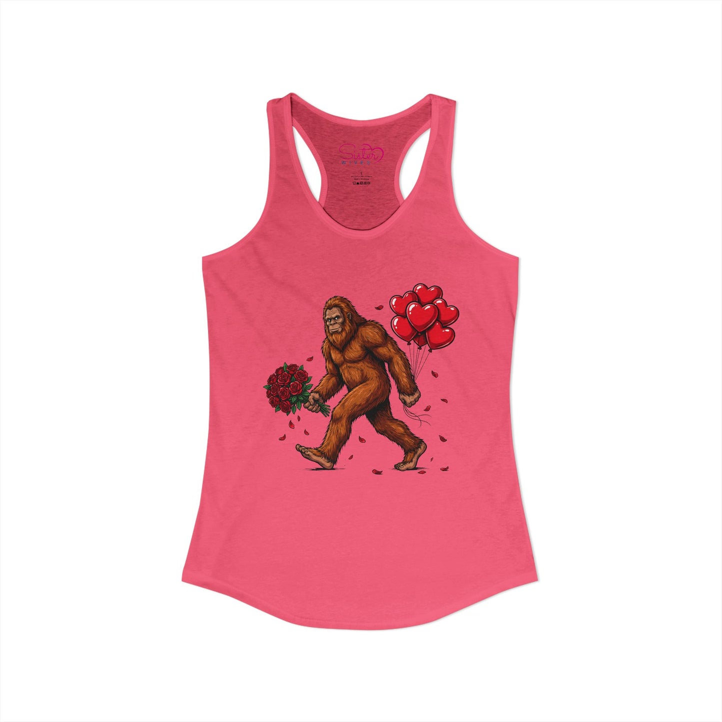 Bigfoot Valentine Racerback Tank – Sasquatch Holding Flowers Shirt | Cryptid Romance Humor | Poly & ENM Friendly Apparel