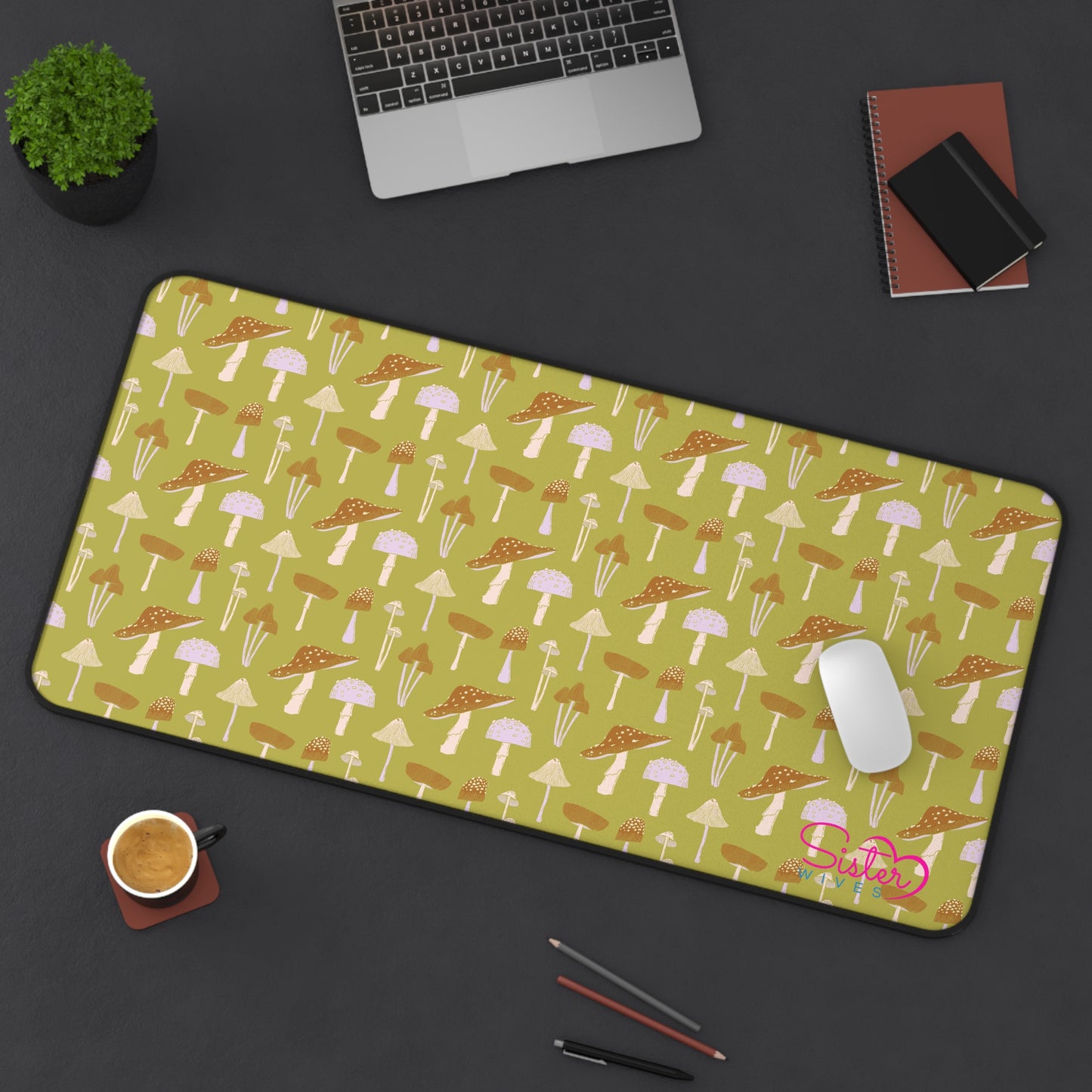 Sage Mushroom Desk Mat – Aesthetic Office Mouse Pad, Neoprene Extended Desk Mat, Polyamory Friendly Workspace Decor, Love-Positive Home Office Accessory