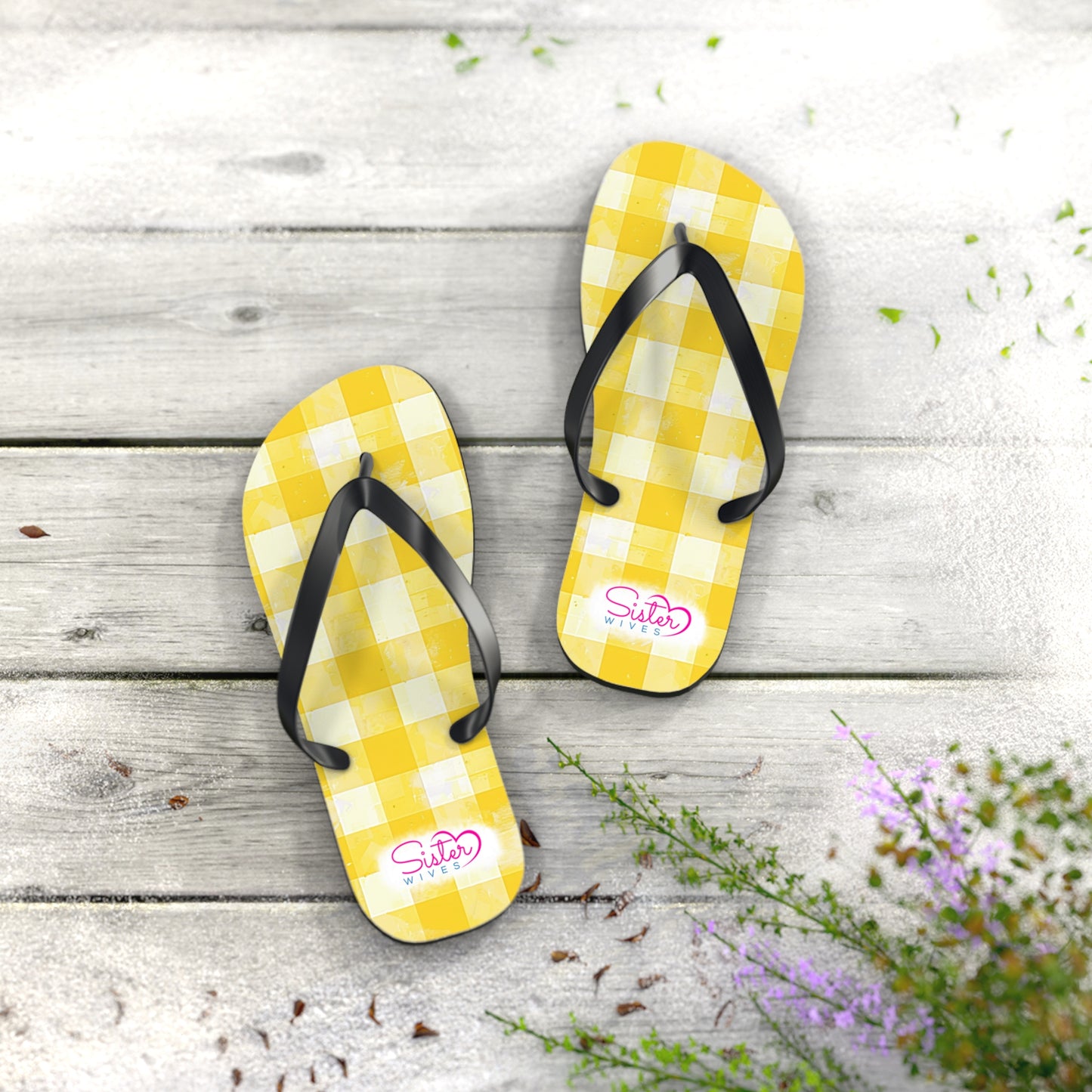 Cute Yellow Gingham Flip Flops for Women | Ethical Non Monogamy Lifestyle Summer Sandals