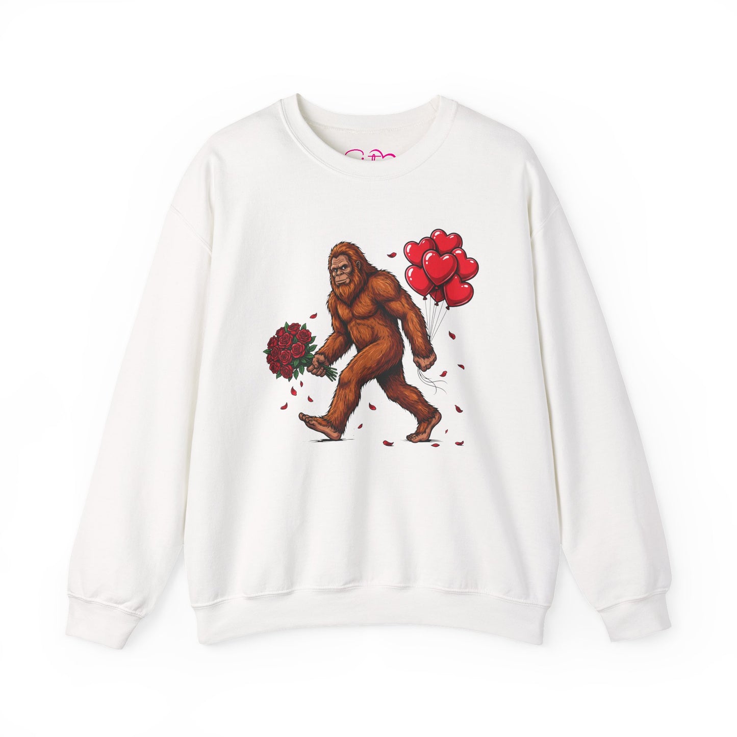 Bigfoot with Flowers Crewneck Sweatshirt | Sasquatch Valentine Pullover | Whimsical Cryptid Love Sweatshirt | Cozy Forest Aesthetic Apparel